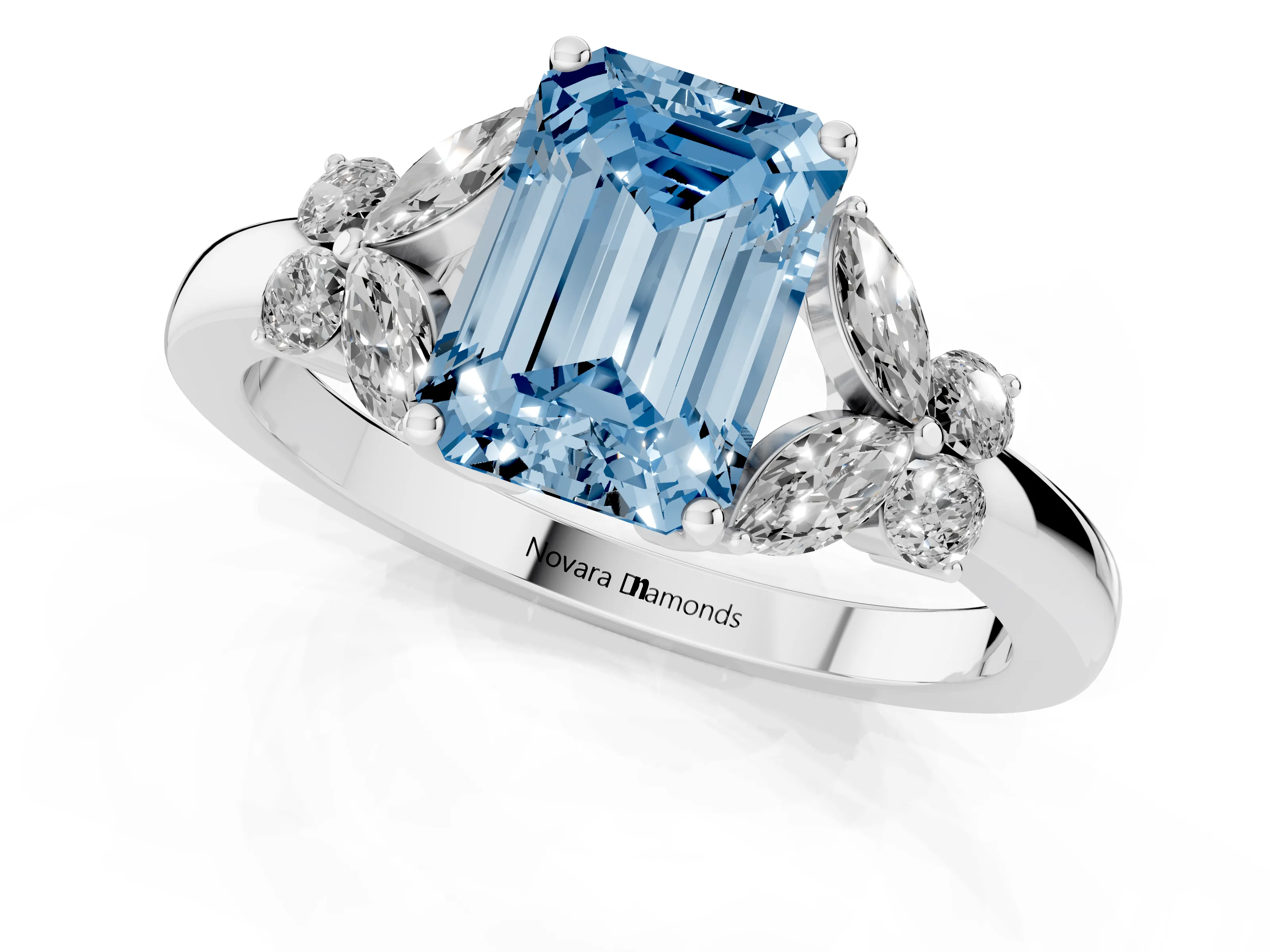 Fancy Blue Emerald Cut Diamond Solitaire Floral Ring Set in Silver with Marquise Petals and Prong Setting