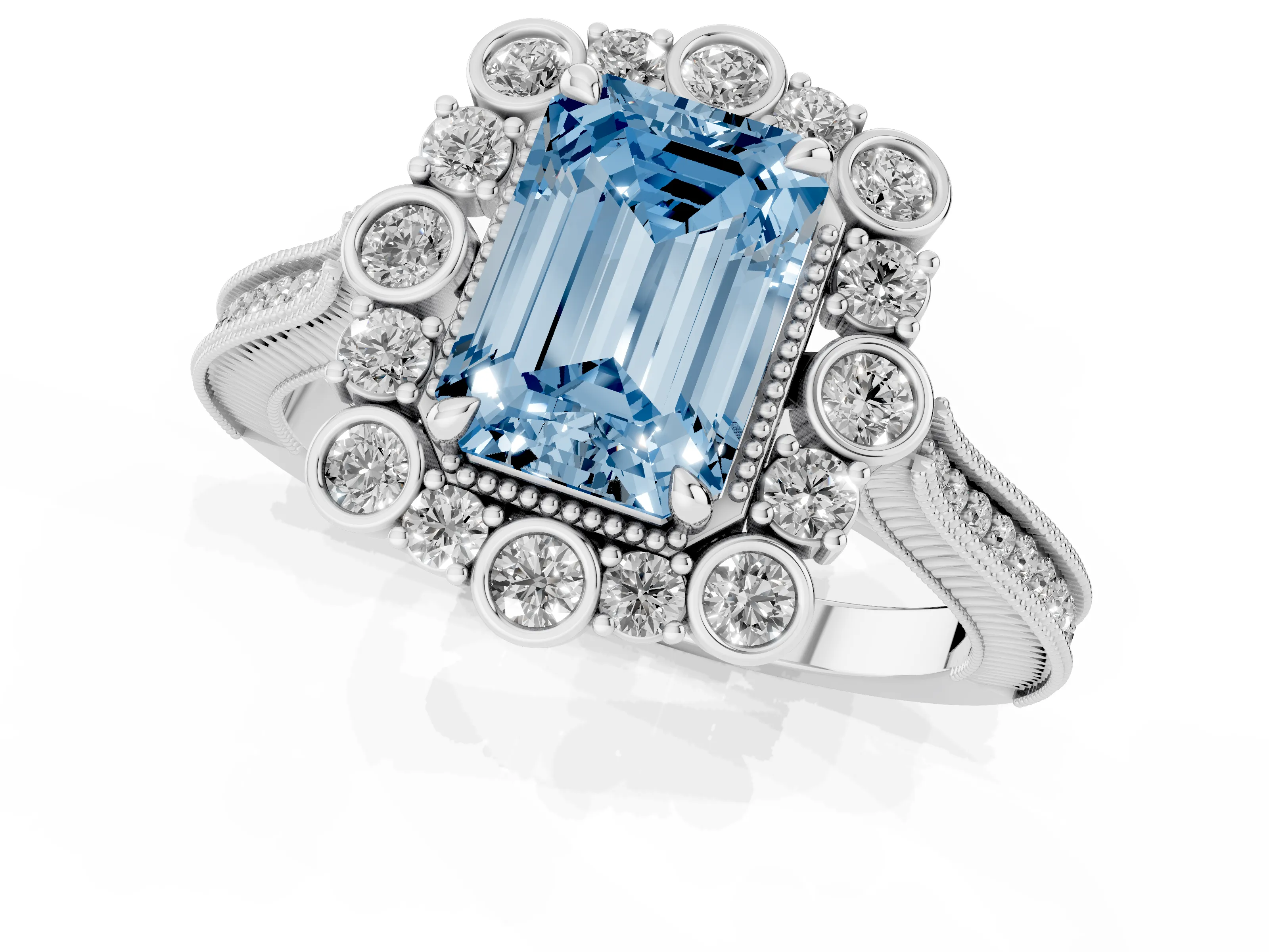 Fancy Blue Emerald Cut Diamond Halo Milgrain Pavé Ring Set in White gold with Prong Setting