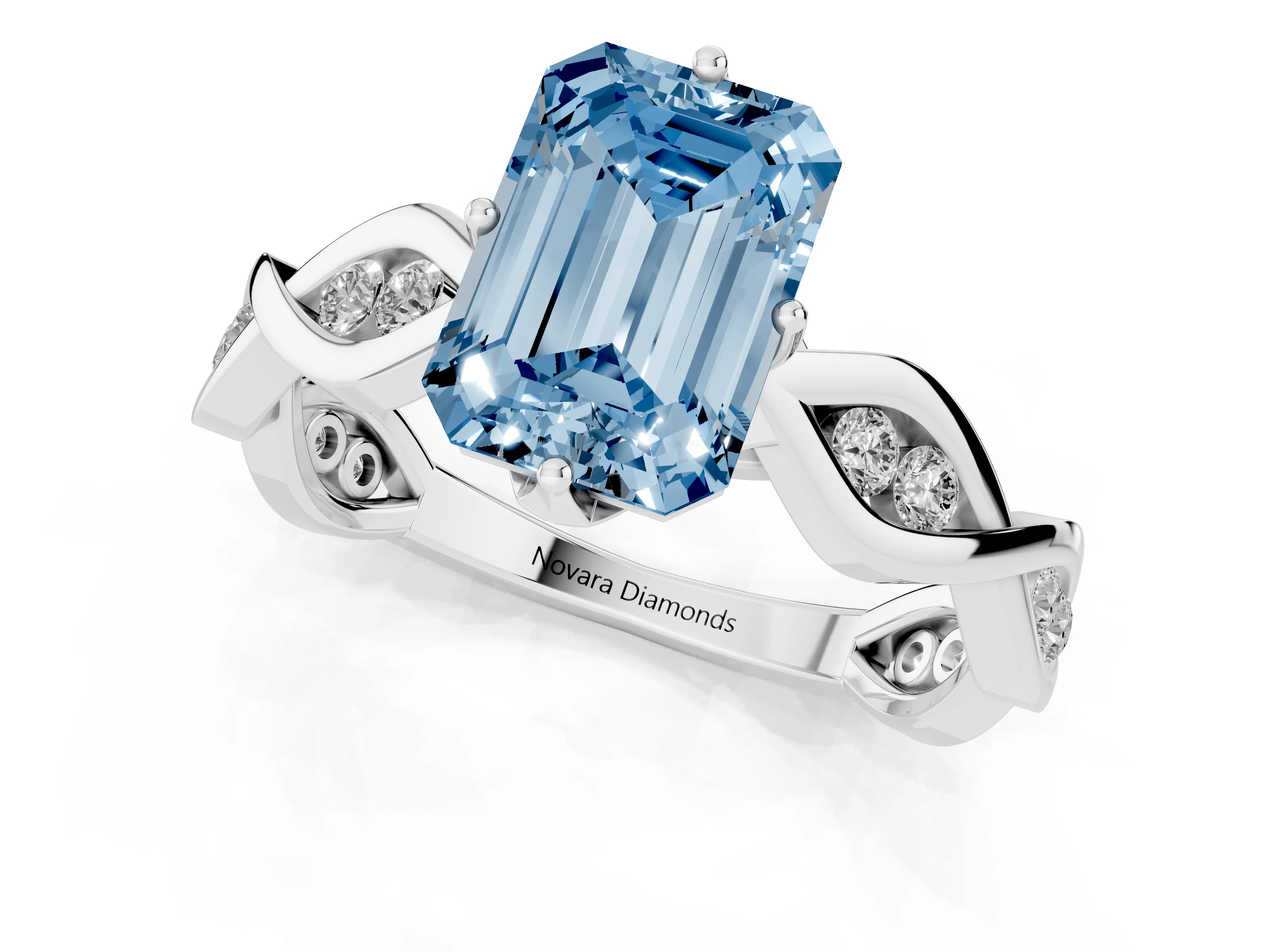 Fancy Blue Emerald Cut Diamond Twist Band Solitaire Ring Set in Silver with Leaf Prong Setting and Accent Stones