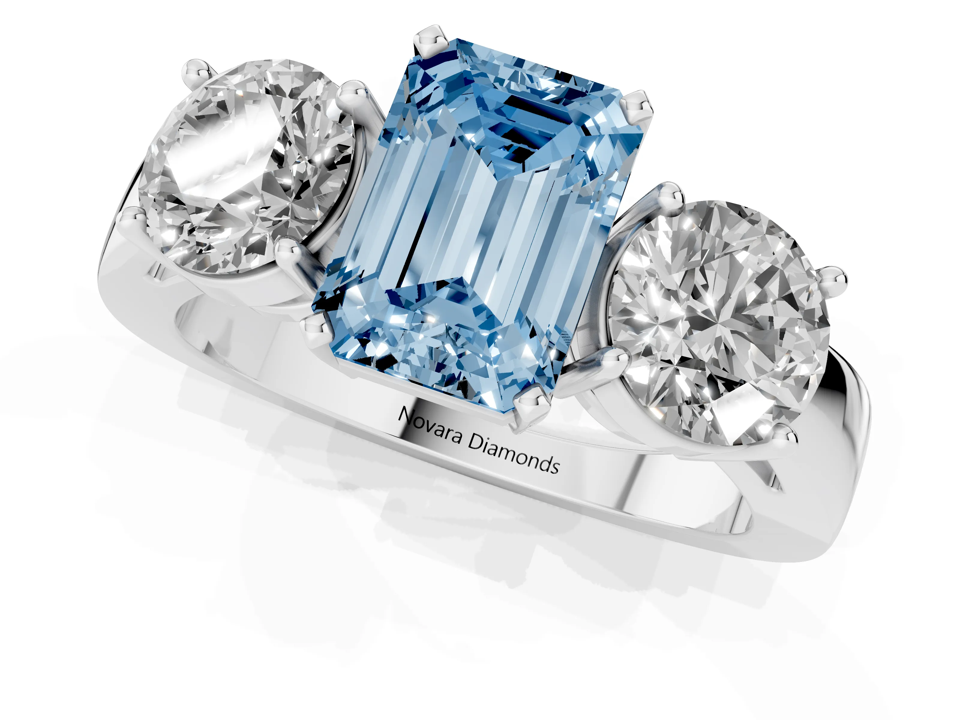 Fancy Blue Emerald Cut Diamond Three-Stone Ring Set in White gold with Round Side Stones and Classic Band – second view