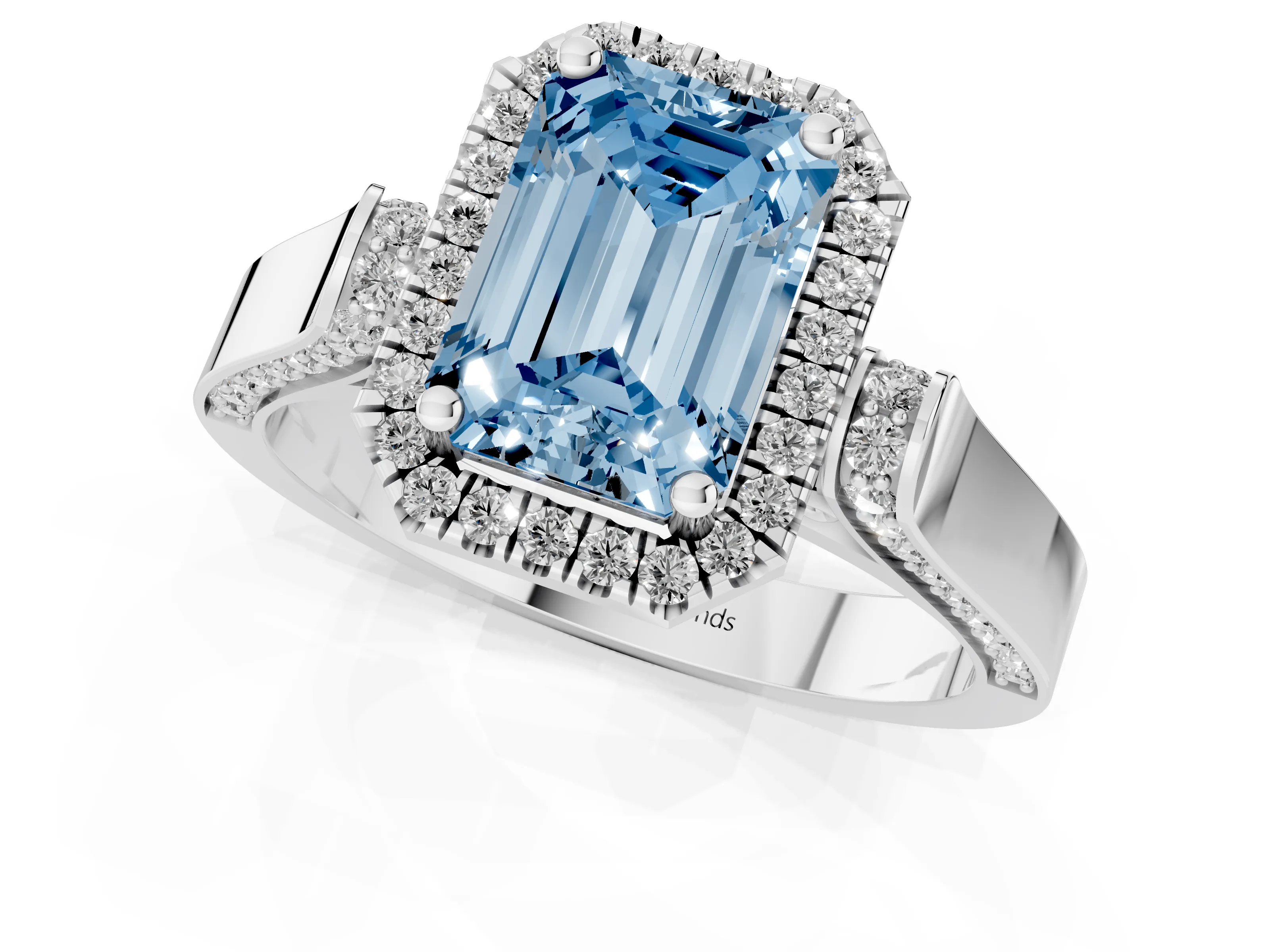 Fancy Blue Emerald Cut Diamond Halo Ring Set in Platinum with Pavé-Lined Split Shank Band