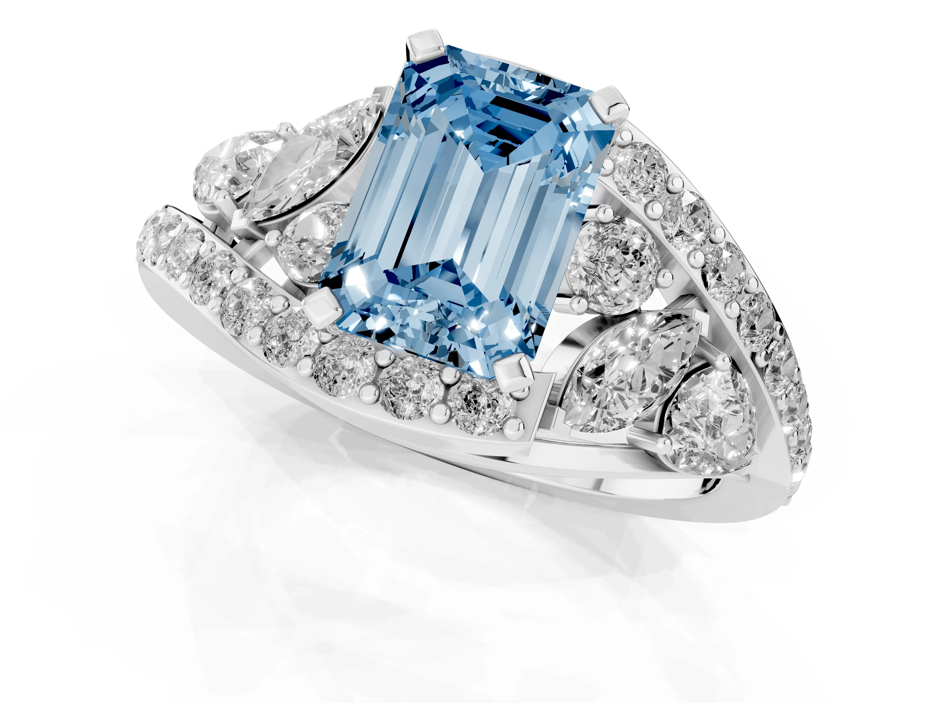 Fancy Blue Emerald Cut Diamond Halo Ring Set in Silver with Marquise and Pavé Band in Prong Setting