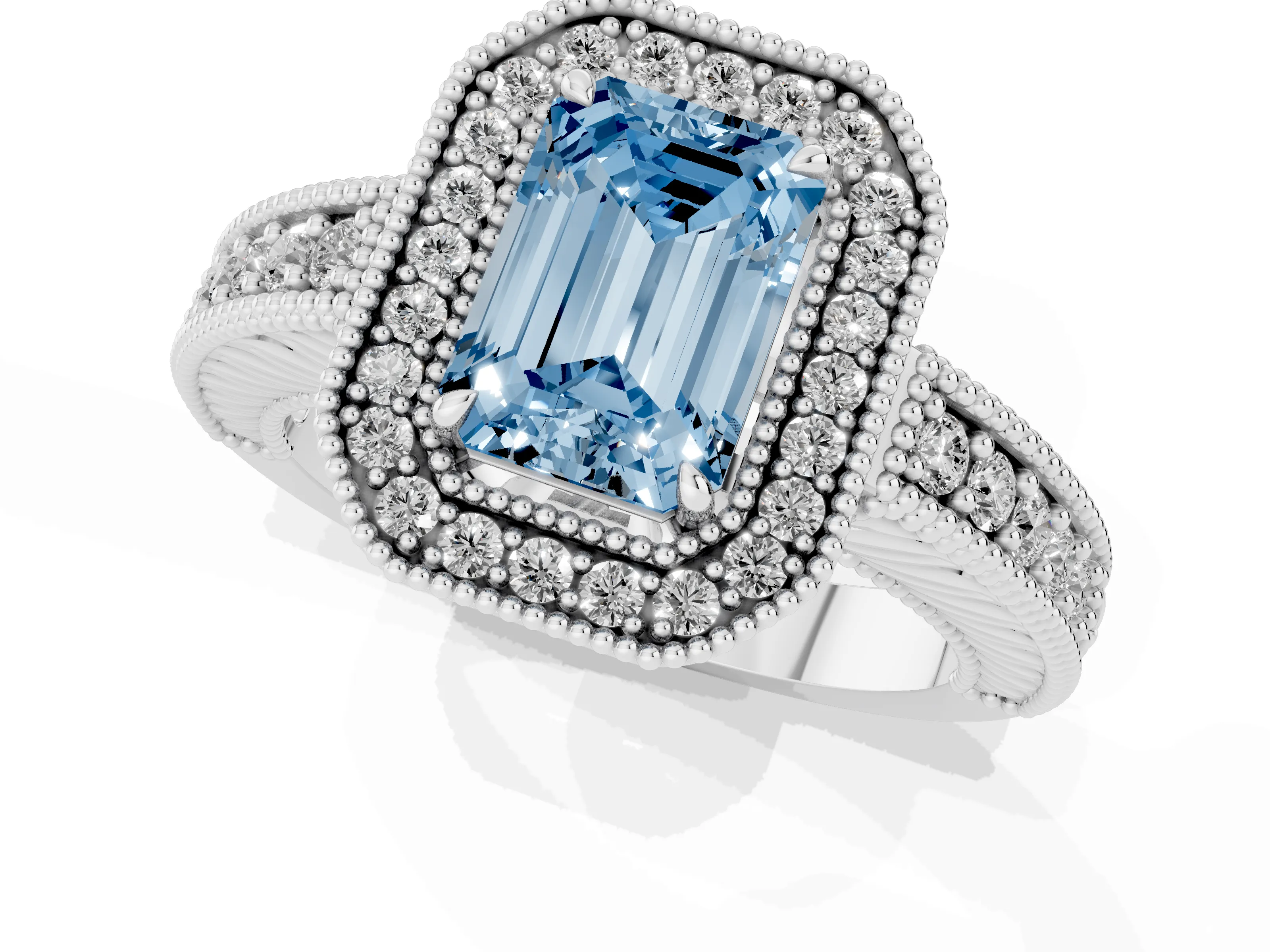 Fancy Blue Emerald Cut Diamond Halo Ring Set in White gold with Round Accent Halo, Pavé Band and Prong Setting