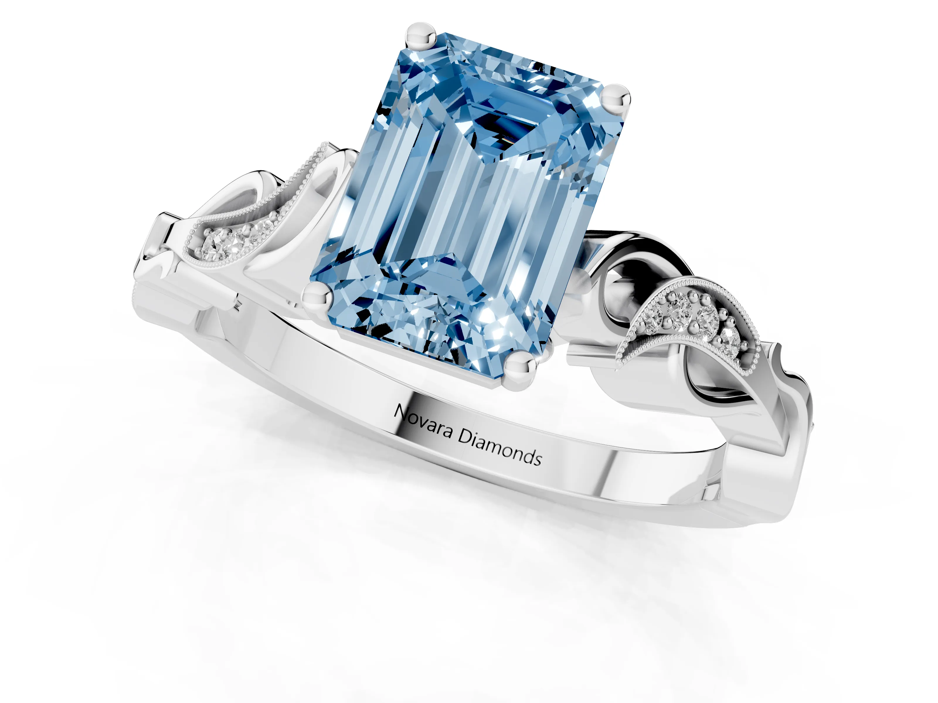 Fancy Blue Emerald Cut Diamond Vine Band Solitaire Ring Set in White gold with Milgrain Prong Setting