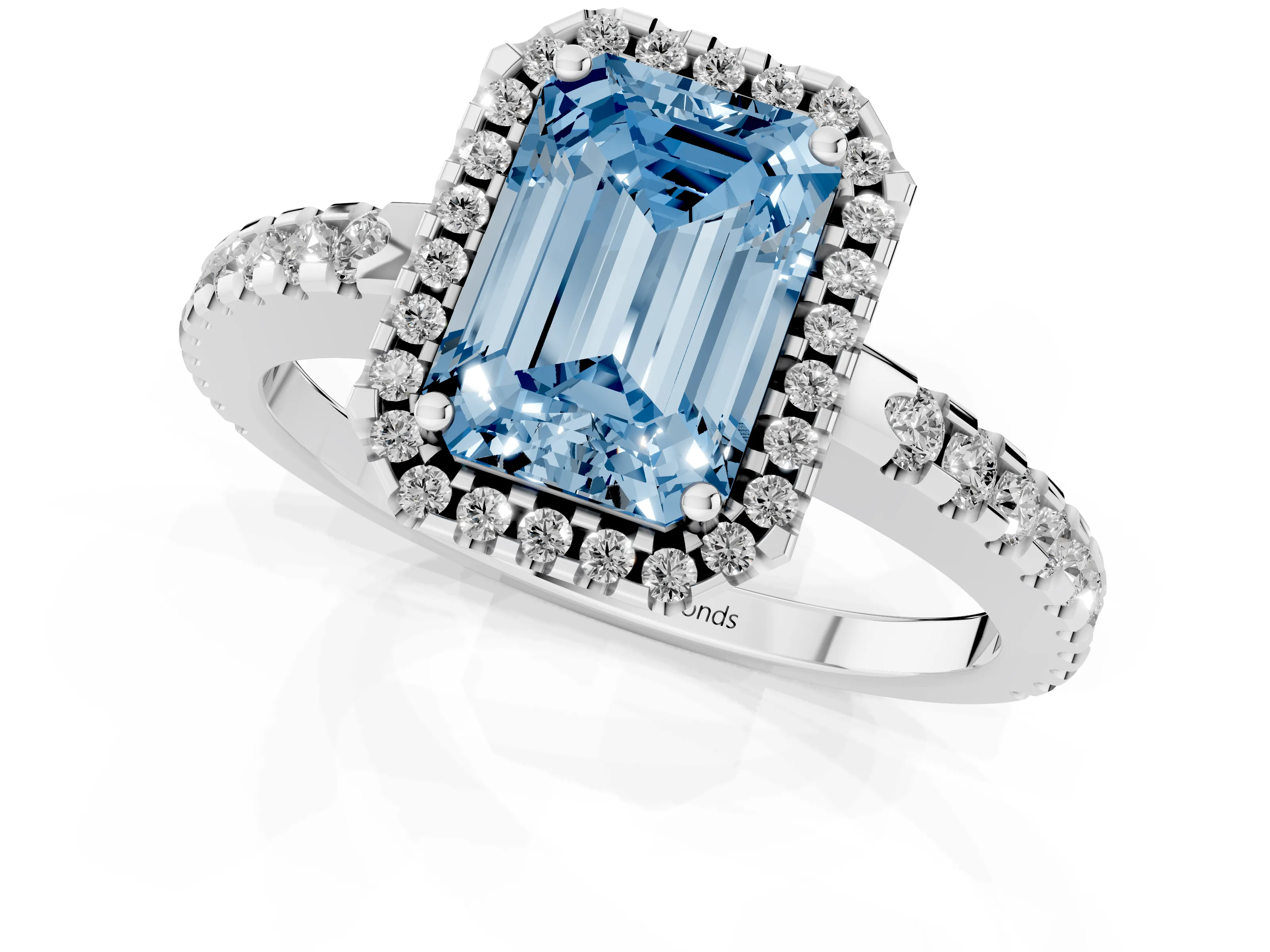 Fancy Blue Emerald Cut Diamond Halo Ring Set in White gold with Pavé Shoulders and Halo-Framed Center