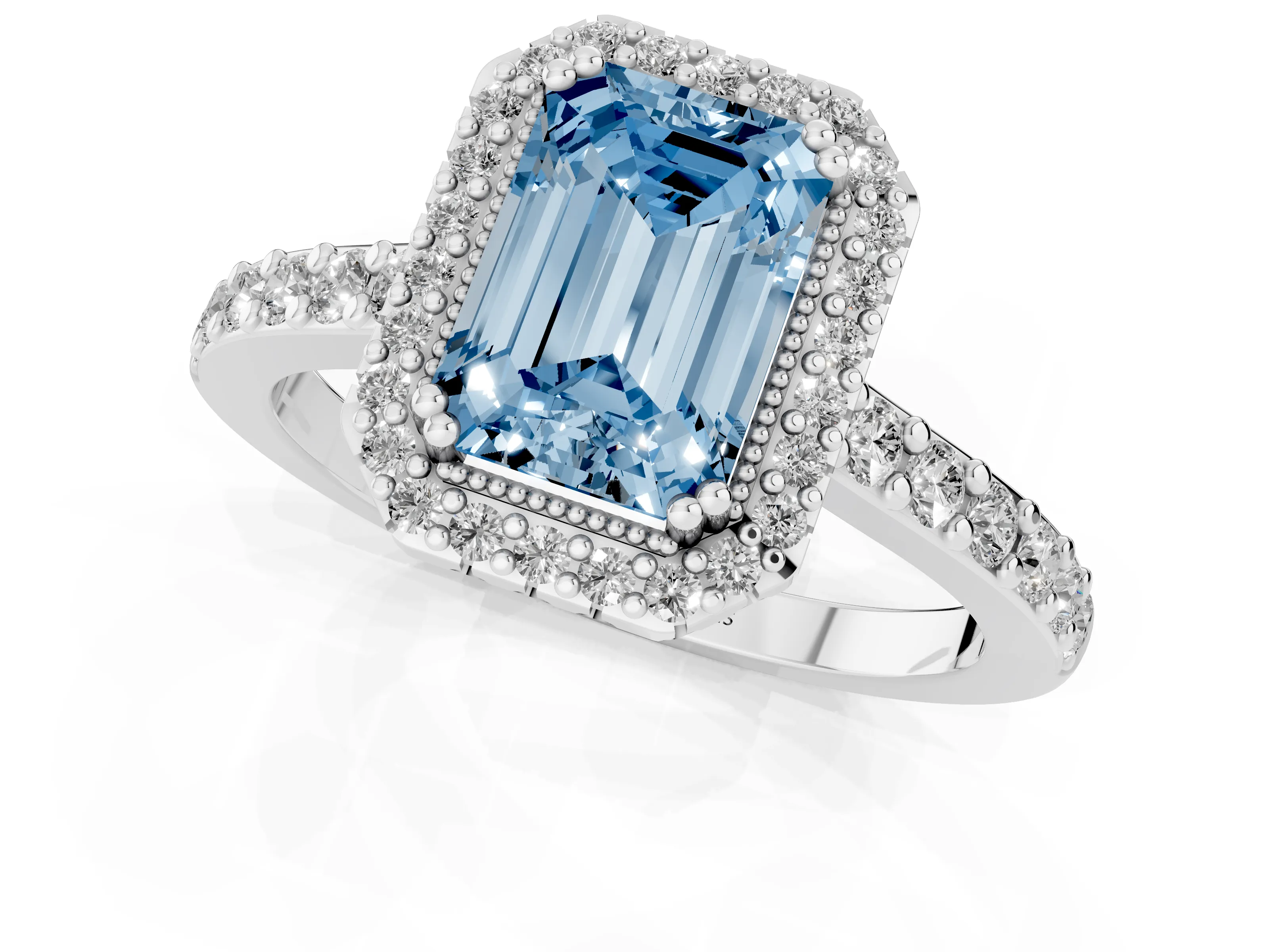 Fancy Blue Emerald Cut Diamond Halo Engagement Ring Set in White gold with Milgrain Detail and Pavé Band