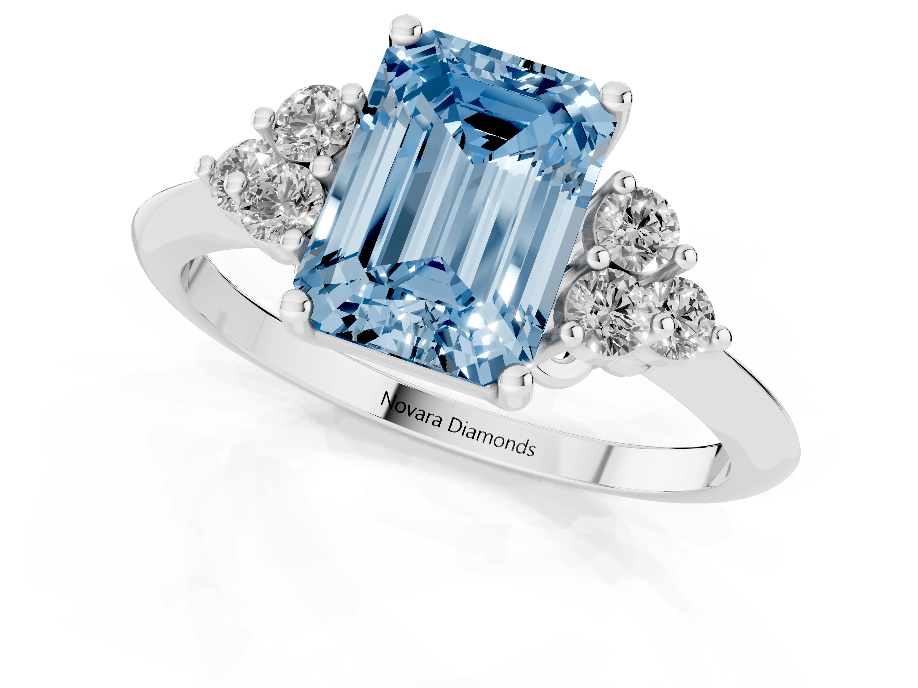 Fancy Blue Emerald Cut Diamond Cluster Ring Set in White gold with Plain Band and Prong Setting