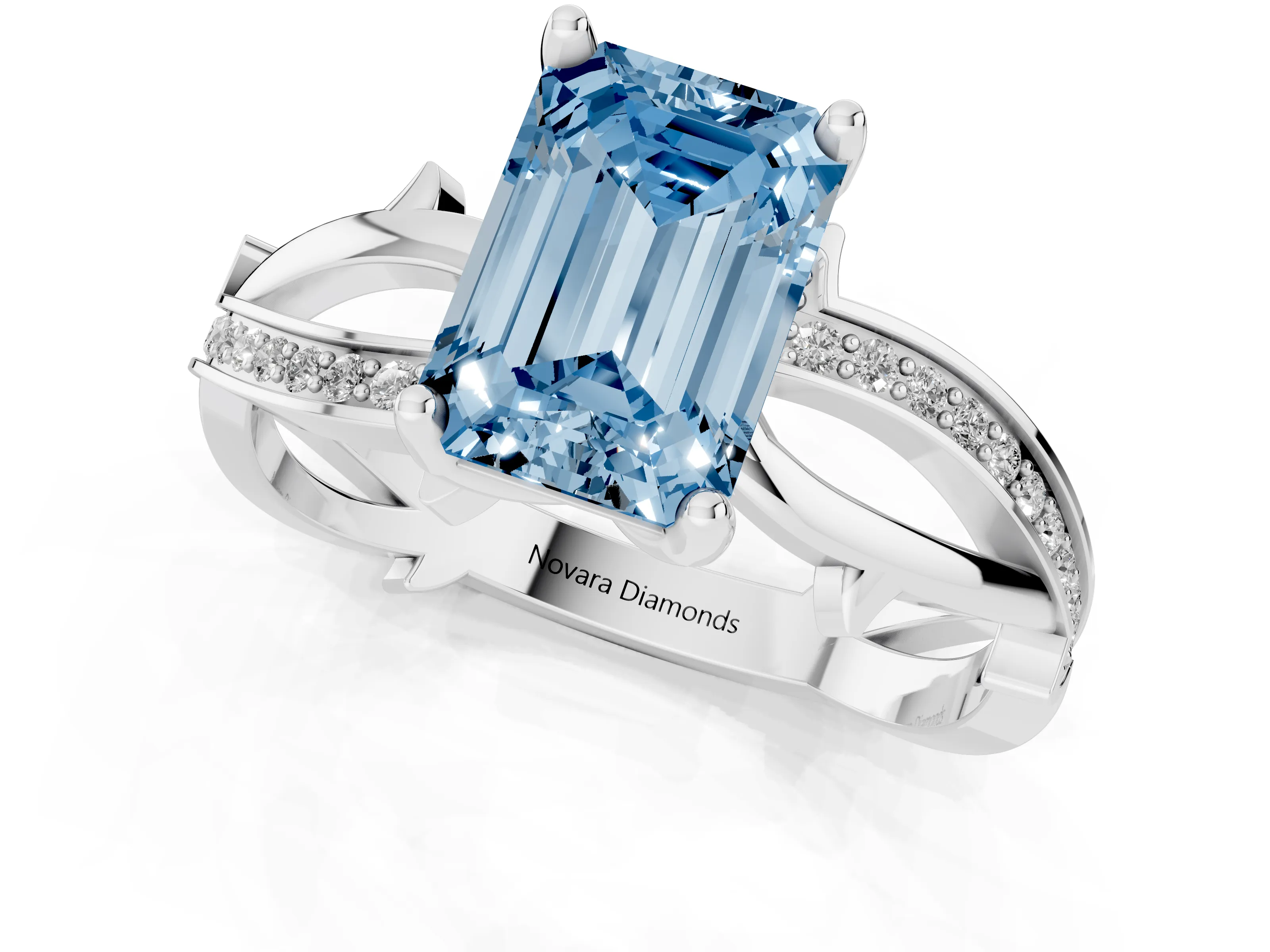Fancy Blue Emerald Cut Diamond Pavé Twist Band Solitaire Ring Set in Silver with Prong Setting