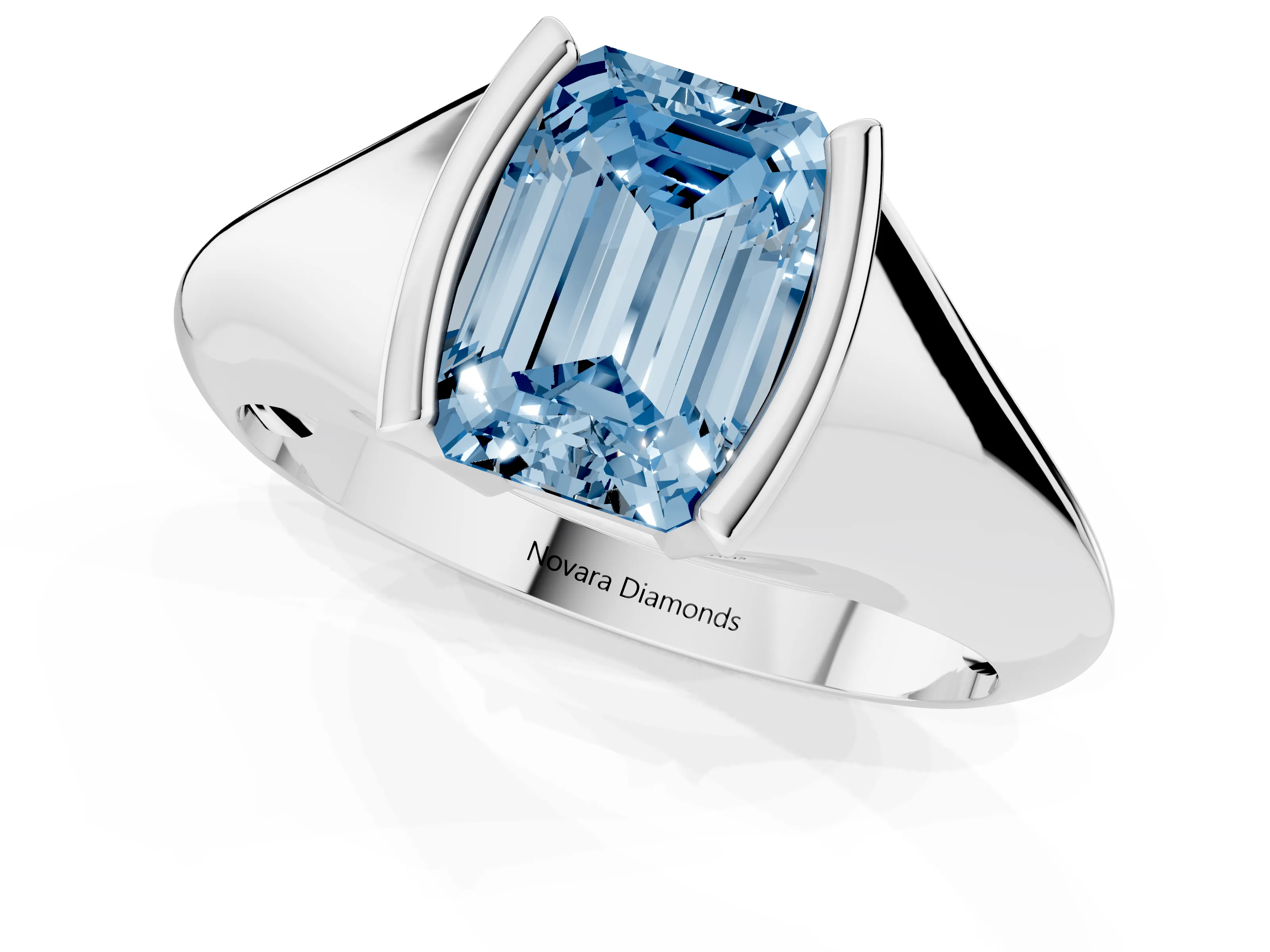 Fancy Blue Emerald Cut Diamond Solitaire Tension Set Ring Set in Silver
