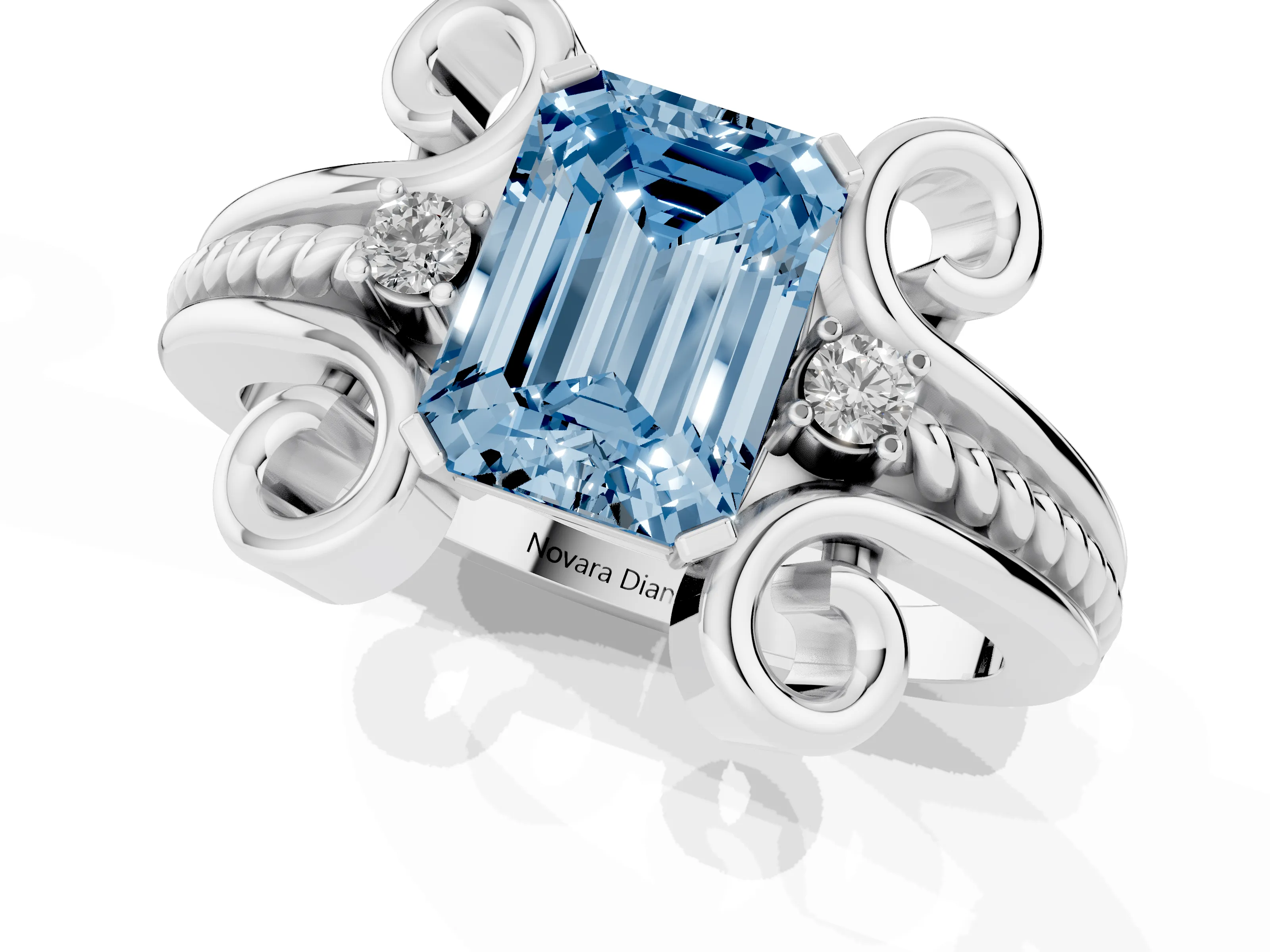 Fancy Blue Emerald Cut Diamond Twisted Band Solitaire Ring Set in Platinum with Scroll Prongs