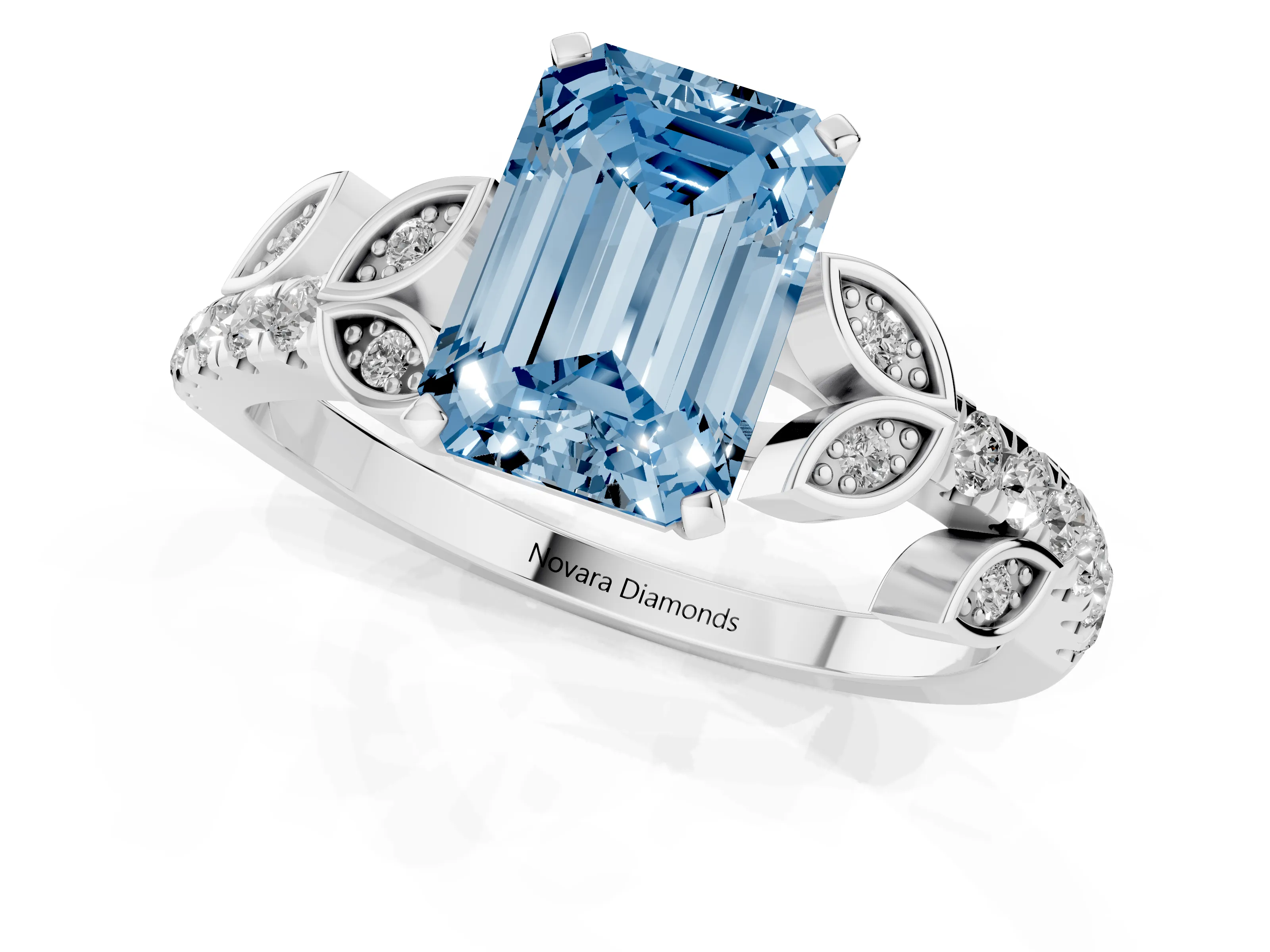 Fancy Blue Emerald Cut Diamond Solitaire Leaf-Inspired Ring Set in Silver with Pavé Band and Prong Setting
