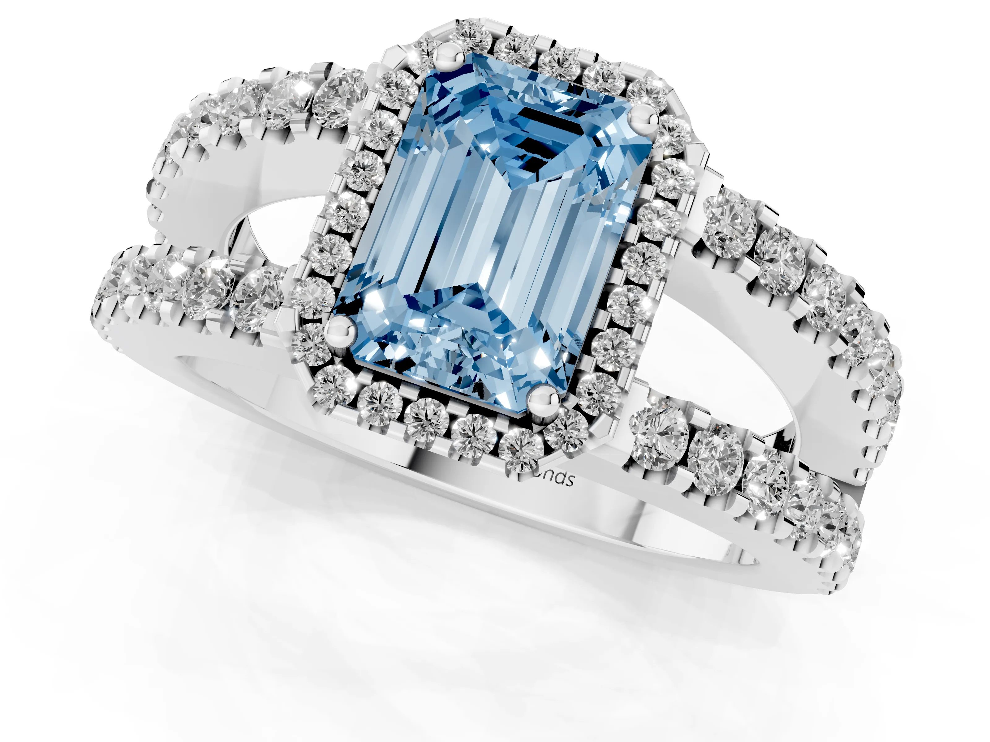 Fancy Blue Emerald Cut Diamond Halo Ring Set in White gold with Pavé Split Shank and Prong Setting
