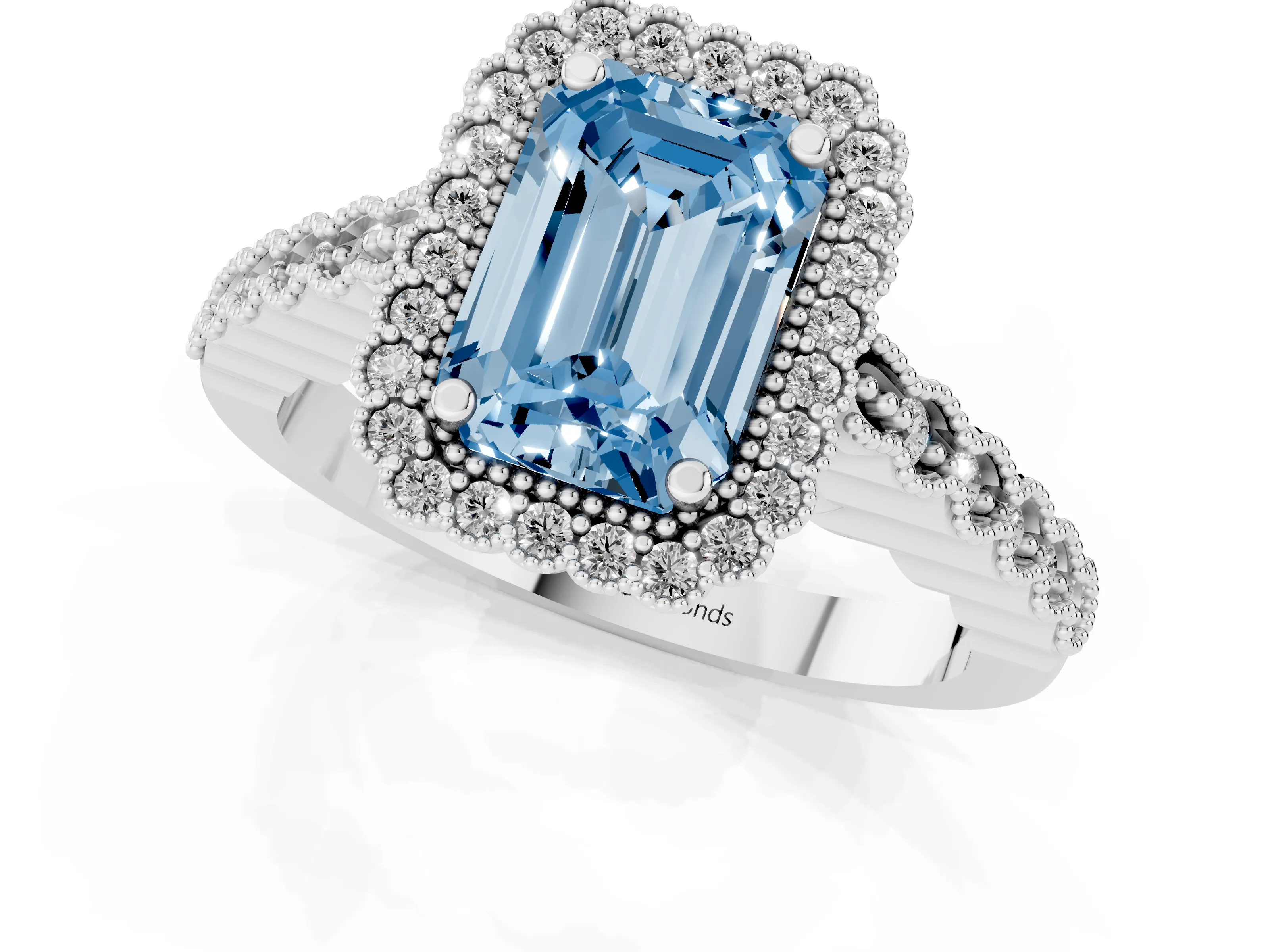 Fancy Blue Emerald Cut Diamond Halo Ring Set in White gold with Pavé Milgrain Band
