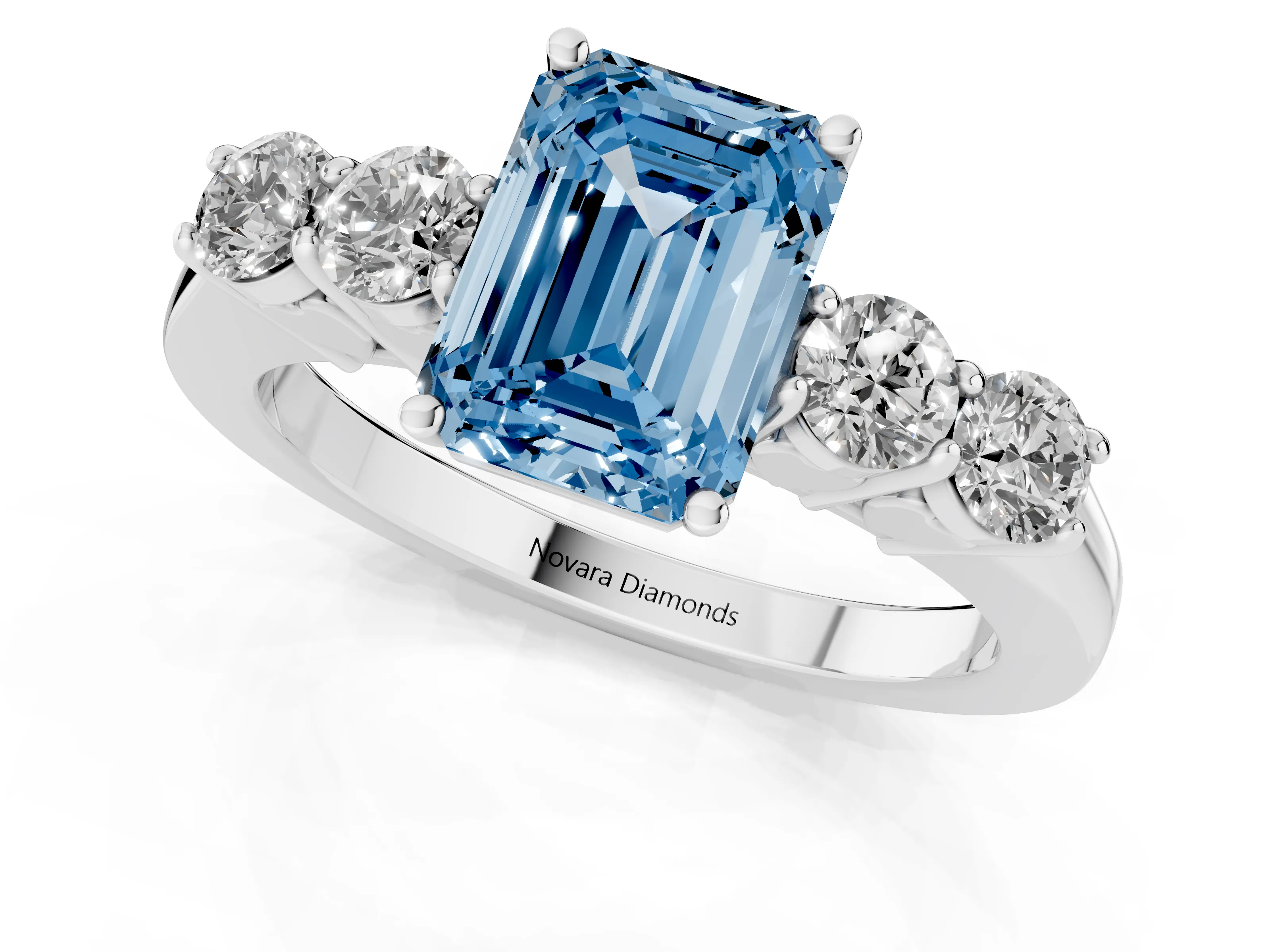 Fancy Blue Emerald Cut Diamond Five-Stone Prong Set Band Ring Set in Platinum with Polished Band