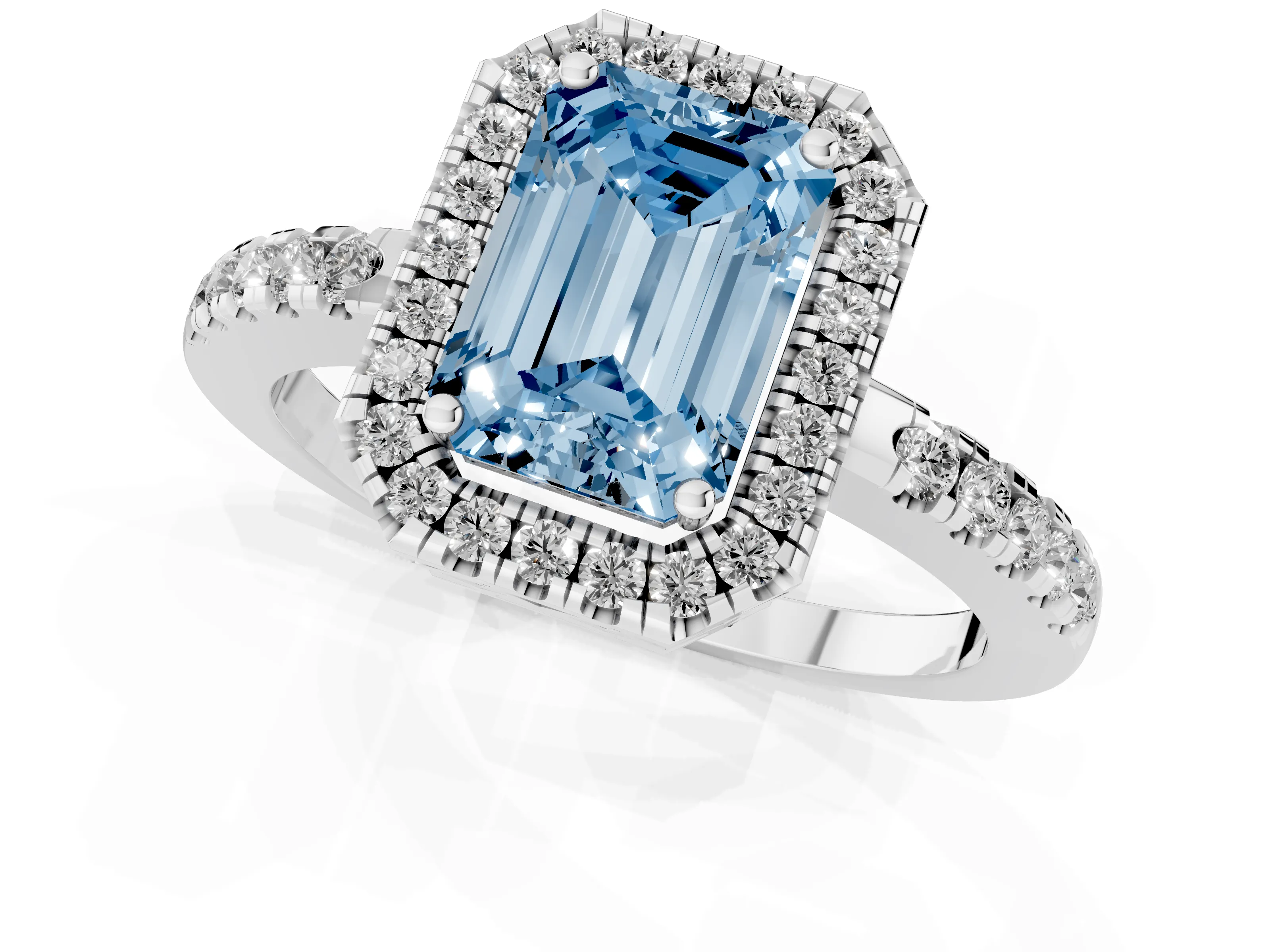 Fancy Blue Emerald Cut Diamond Pavé Band Halo Engagement Ring Set in White gold with Prong Setting