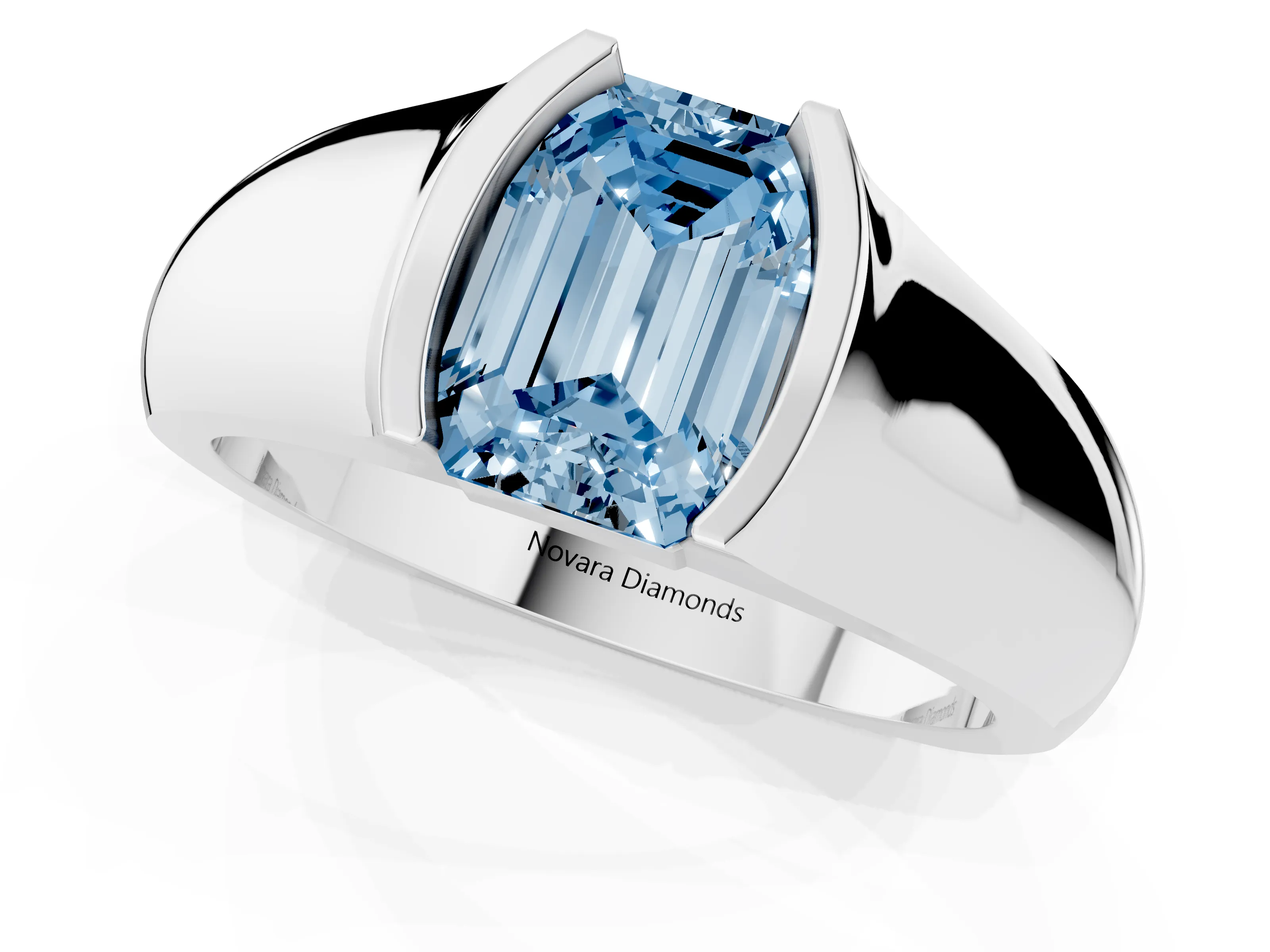 Fancy Blue Emerald Cut Diamond Bezel Solitaire Ring Set in Silver with Wide Band