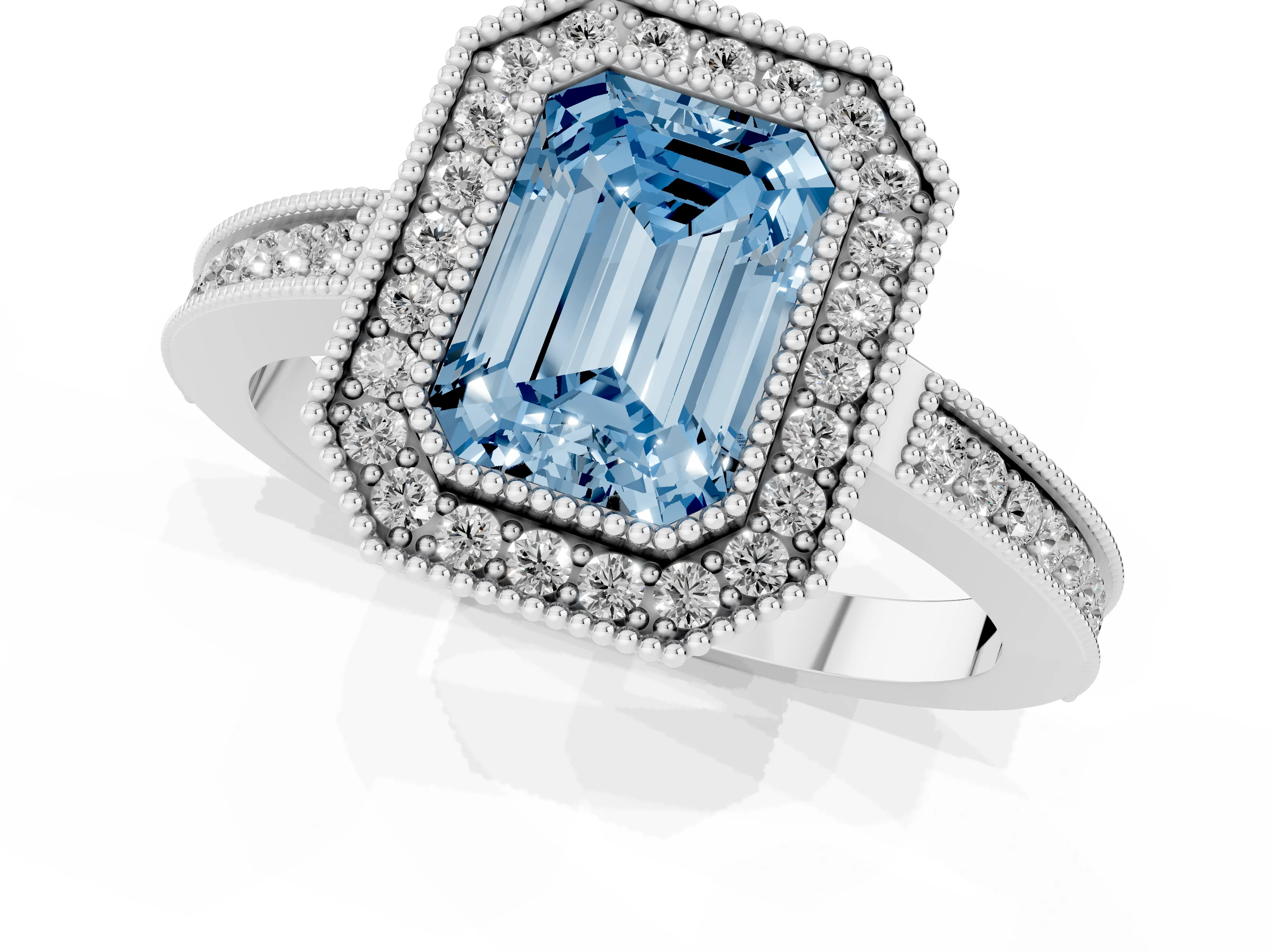 Fancy Blue Emerald Cut Diamond Halo Ring Set in White gold with Pavé Band and Milgrain-Edged Prongs