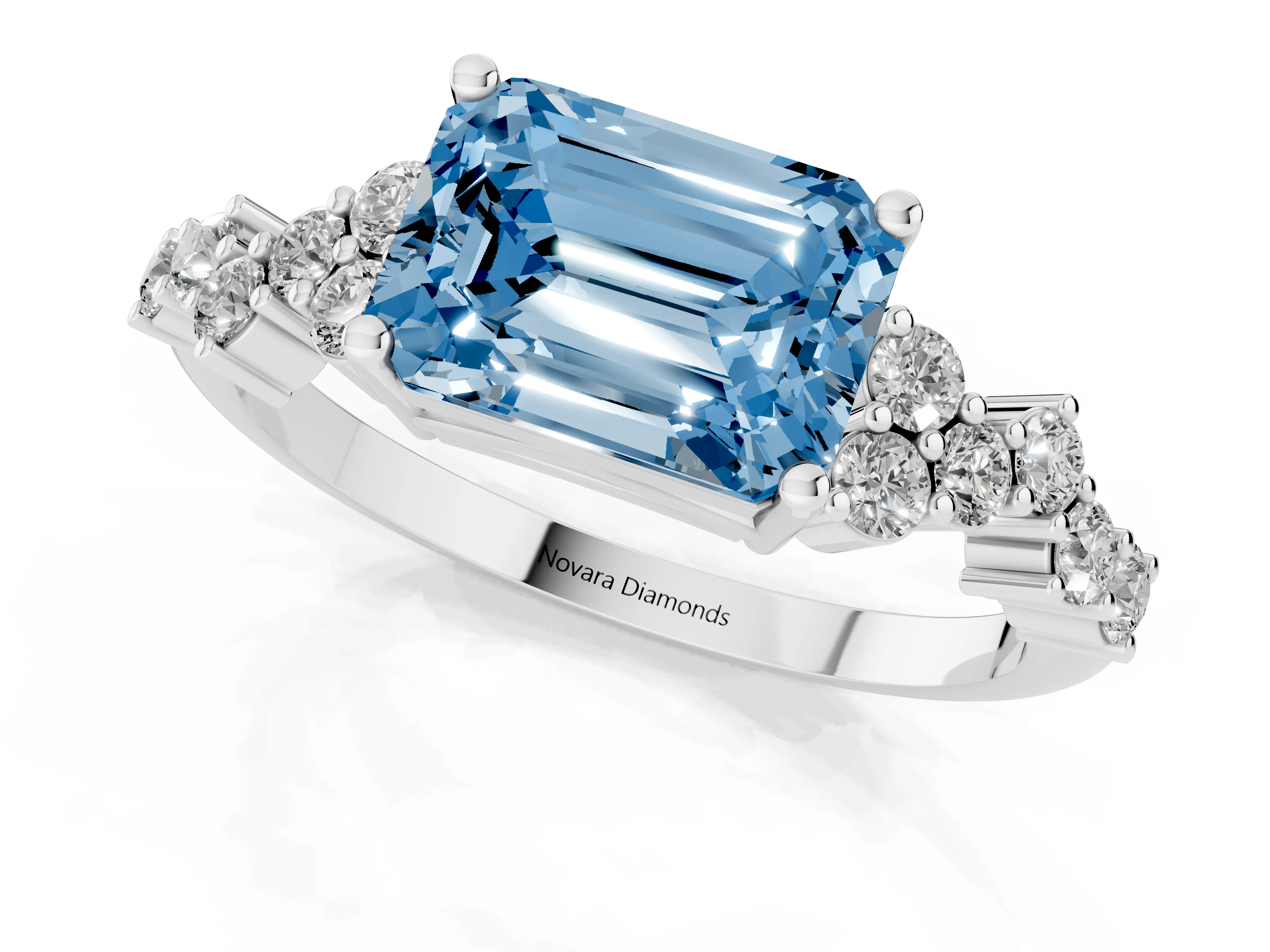 Fancy Blue Emerald Cut Diamond Ring Set in Silver with Scattered Round Accents
