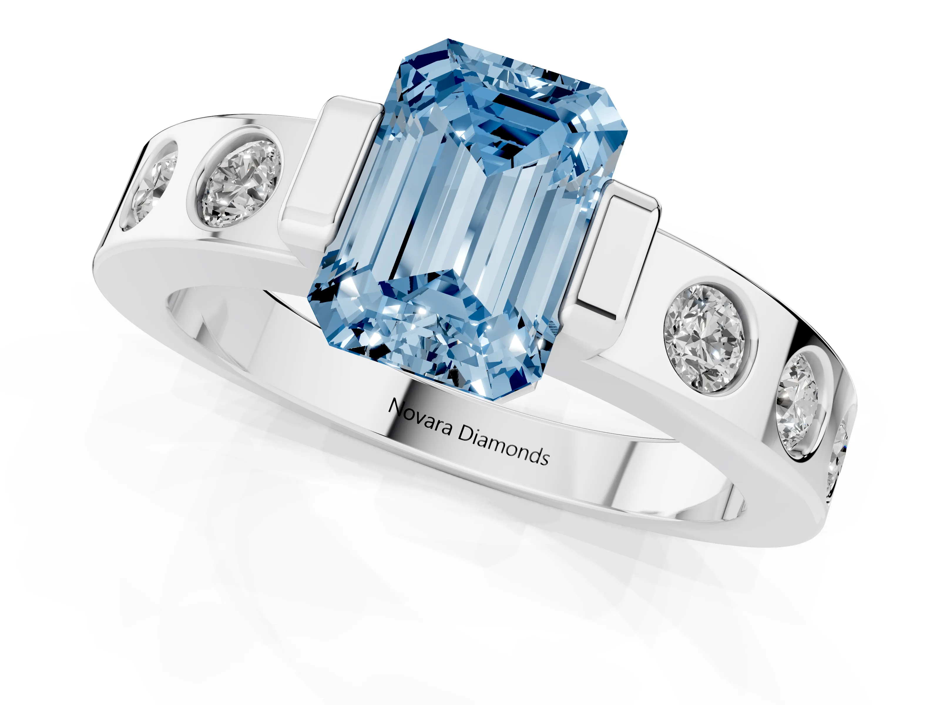 Fancy Blue Emerald Cut Diamond Channel-Set Band Ring Set in Platinum with Bezel Prong Setting