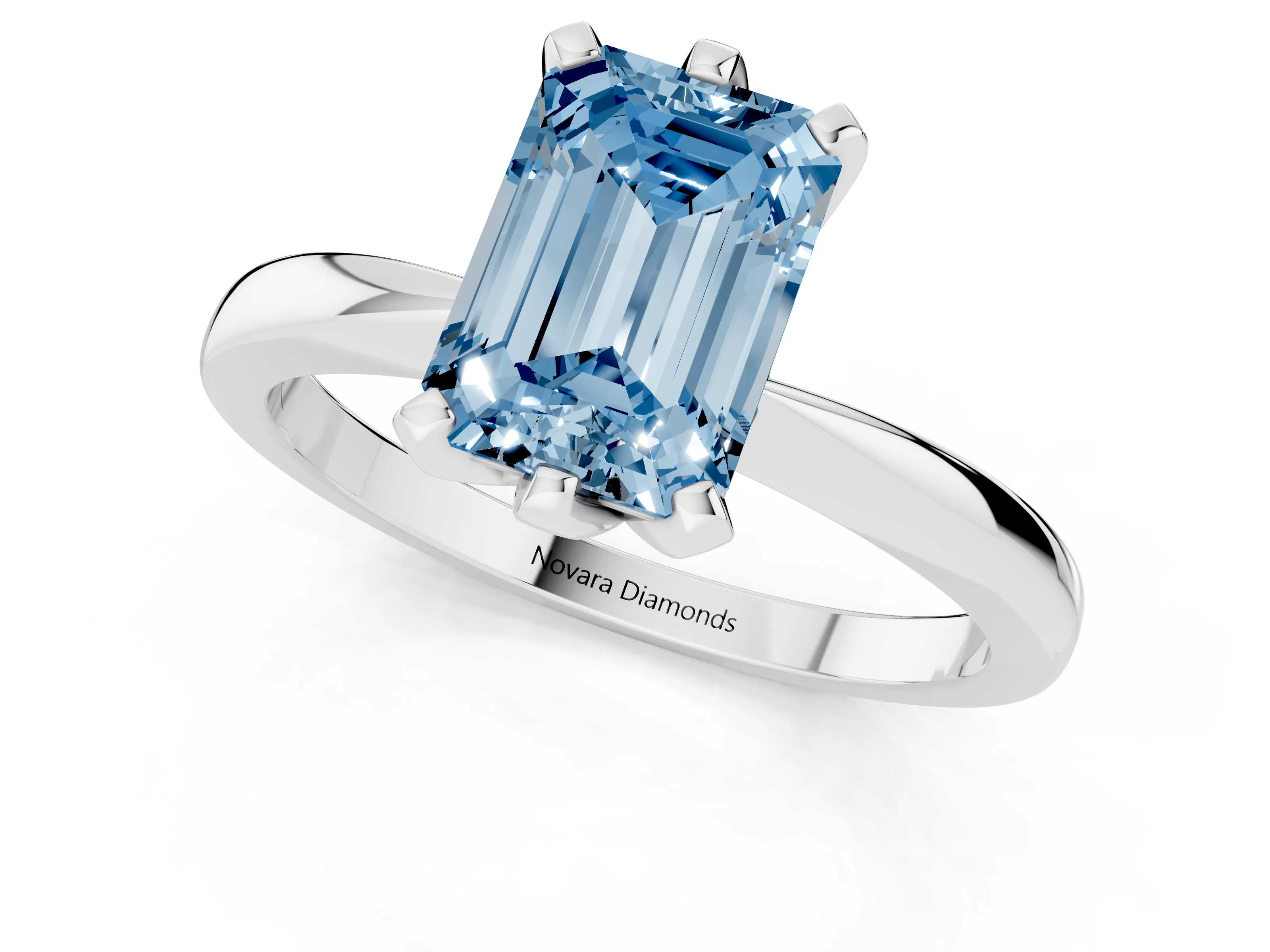 Fancy Blue Emerald Cut Diamond Solitaire Engagement Ring Set in Platinum with Slim Tapered Solitaire Band