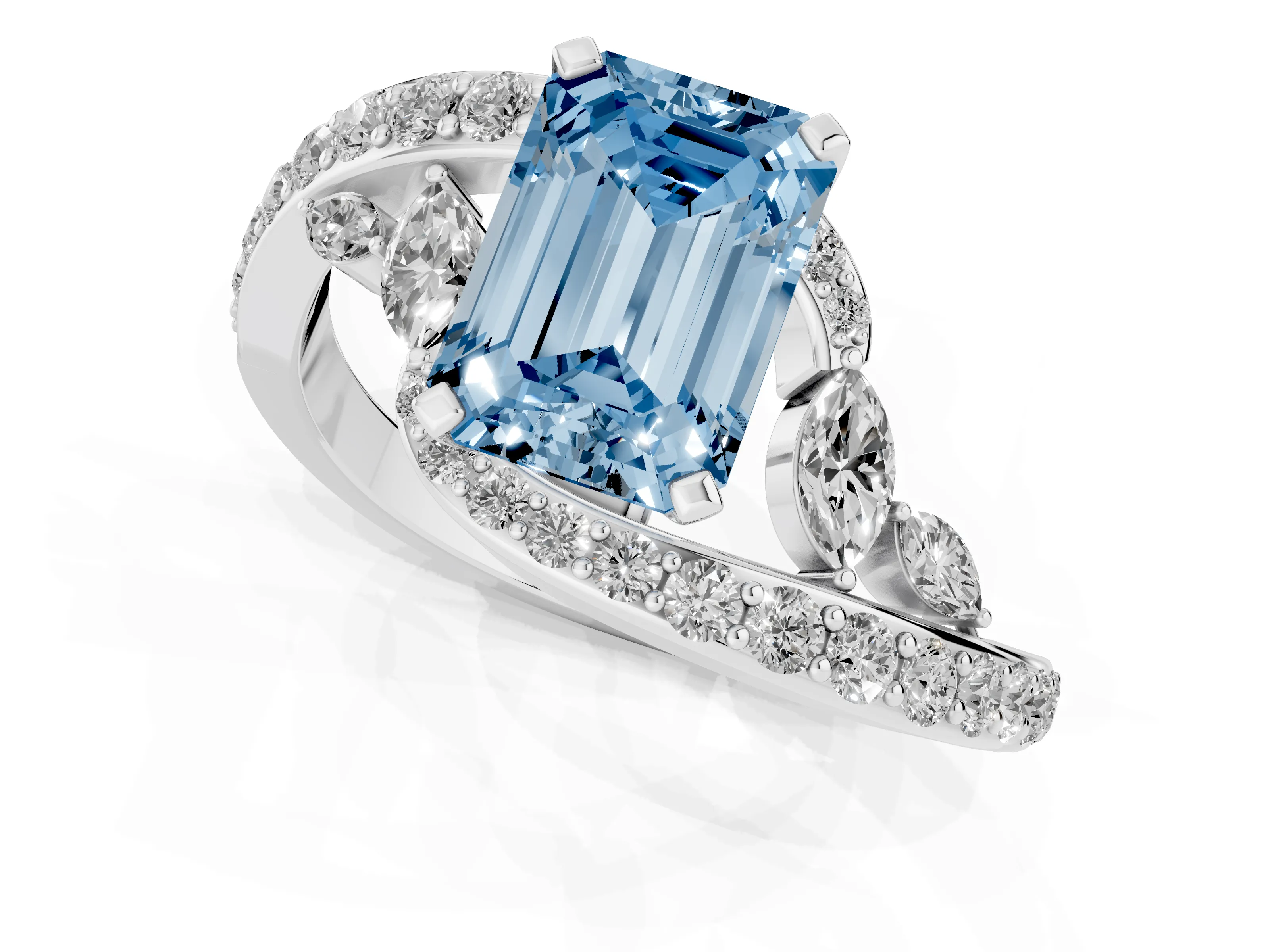 Fancy Blue Emerald Cut Diamond Solitaire Ring Set in Platinum with Pavé Twist Band and Secure Prong Setting