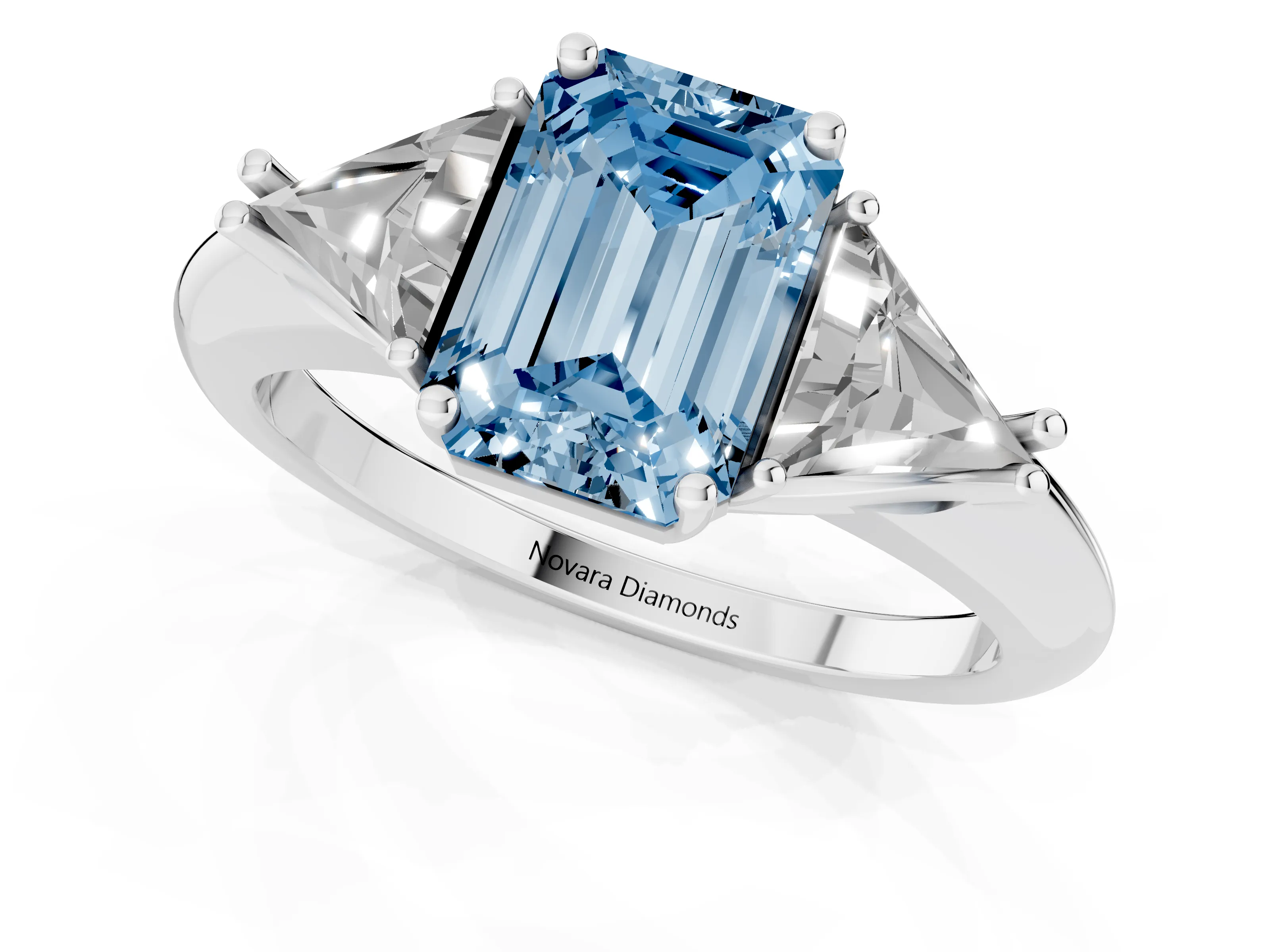 Fancy Blue Emerald Cut Diamond Three-Stone Engagement Ring Set in Platinum with Trillion Side Stones