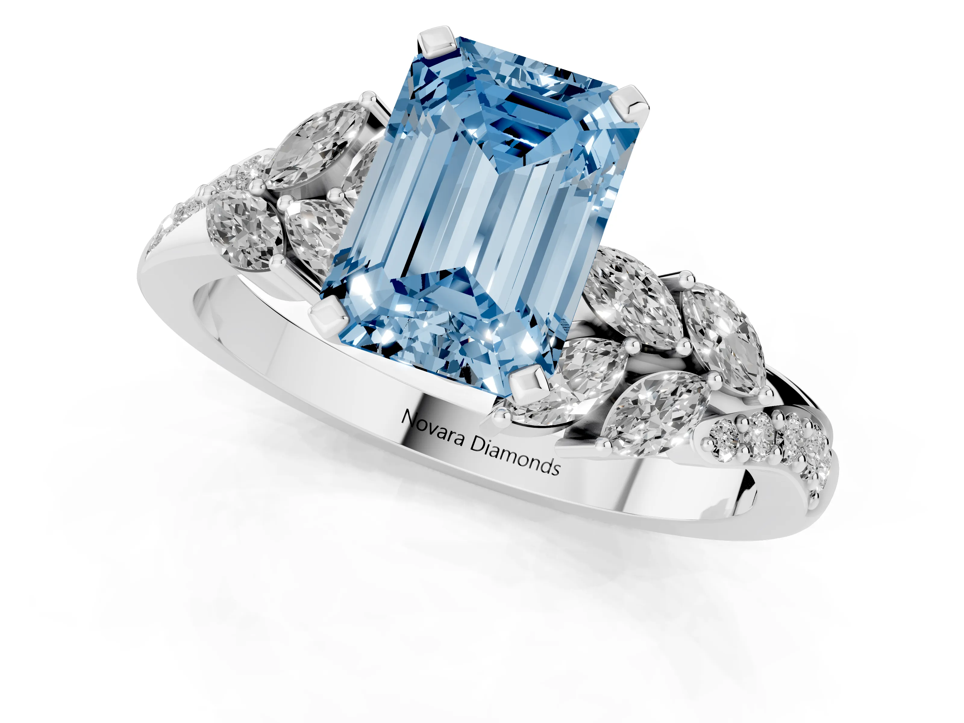 Fancy Blue Emerald Cut Diamond Solitaire Ring Set in Silver with Marquise Twist Band and Prong Setting