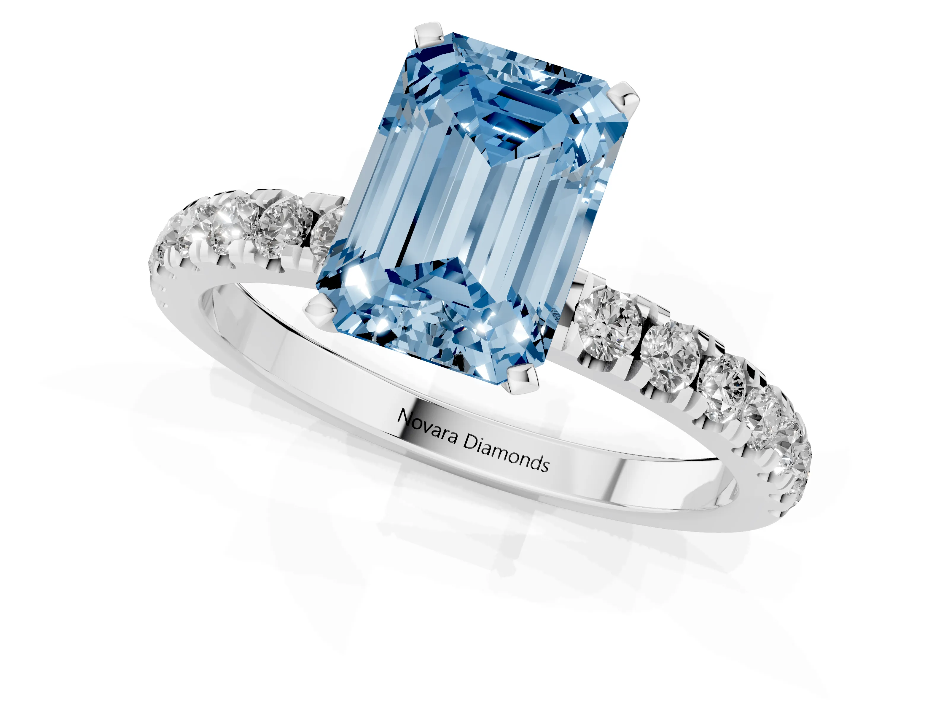 Fancy Blue Emerald Cut Diamond Solitaire Ring Set in Platinum with Pavé Accents and Prong Setting