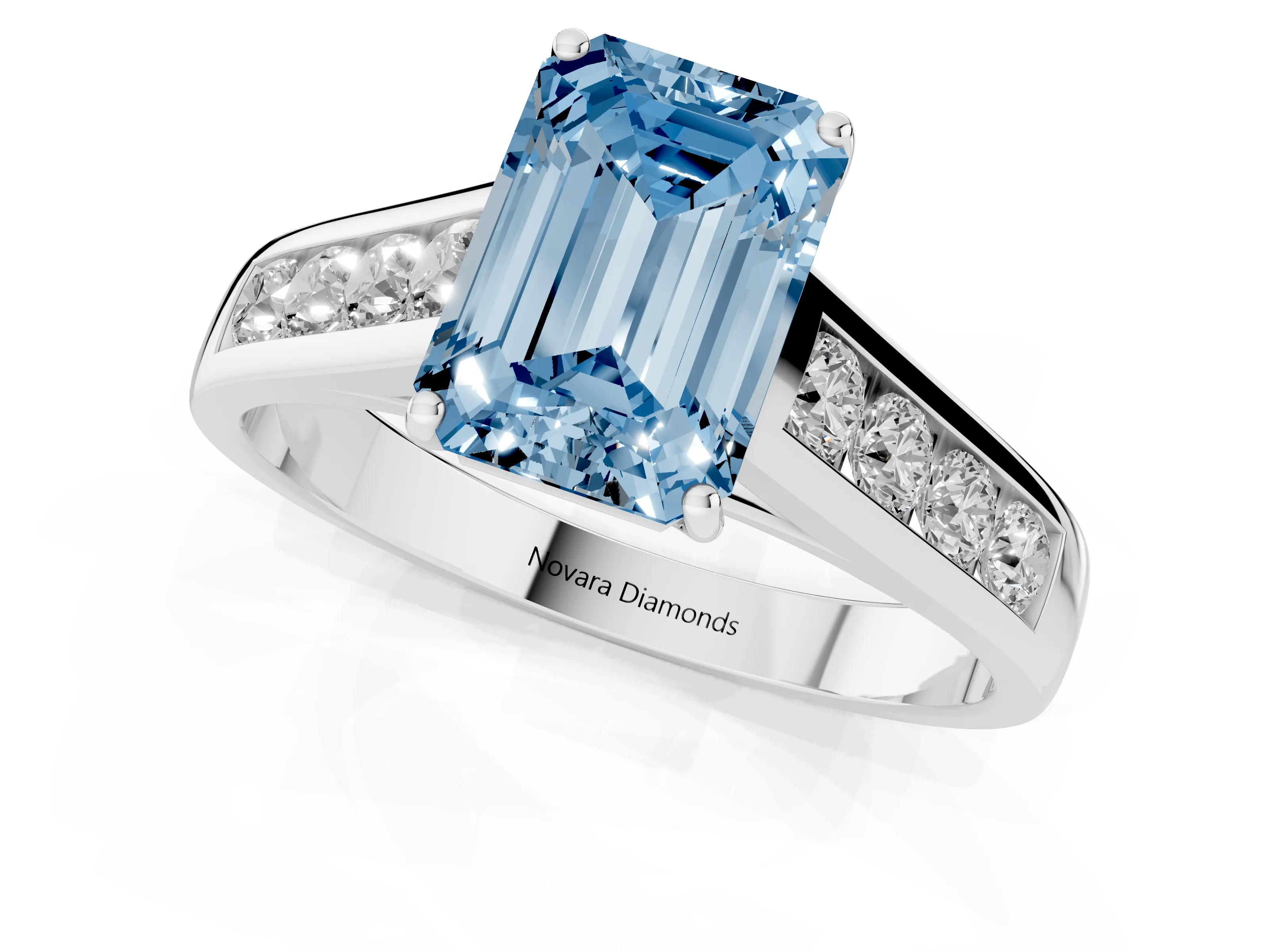 Fancy Blue Emerald Cut Diamond Solitaire Channel-Set Engagement Ring Set in White gold with Prong Setting