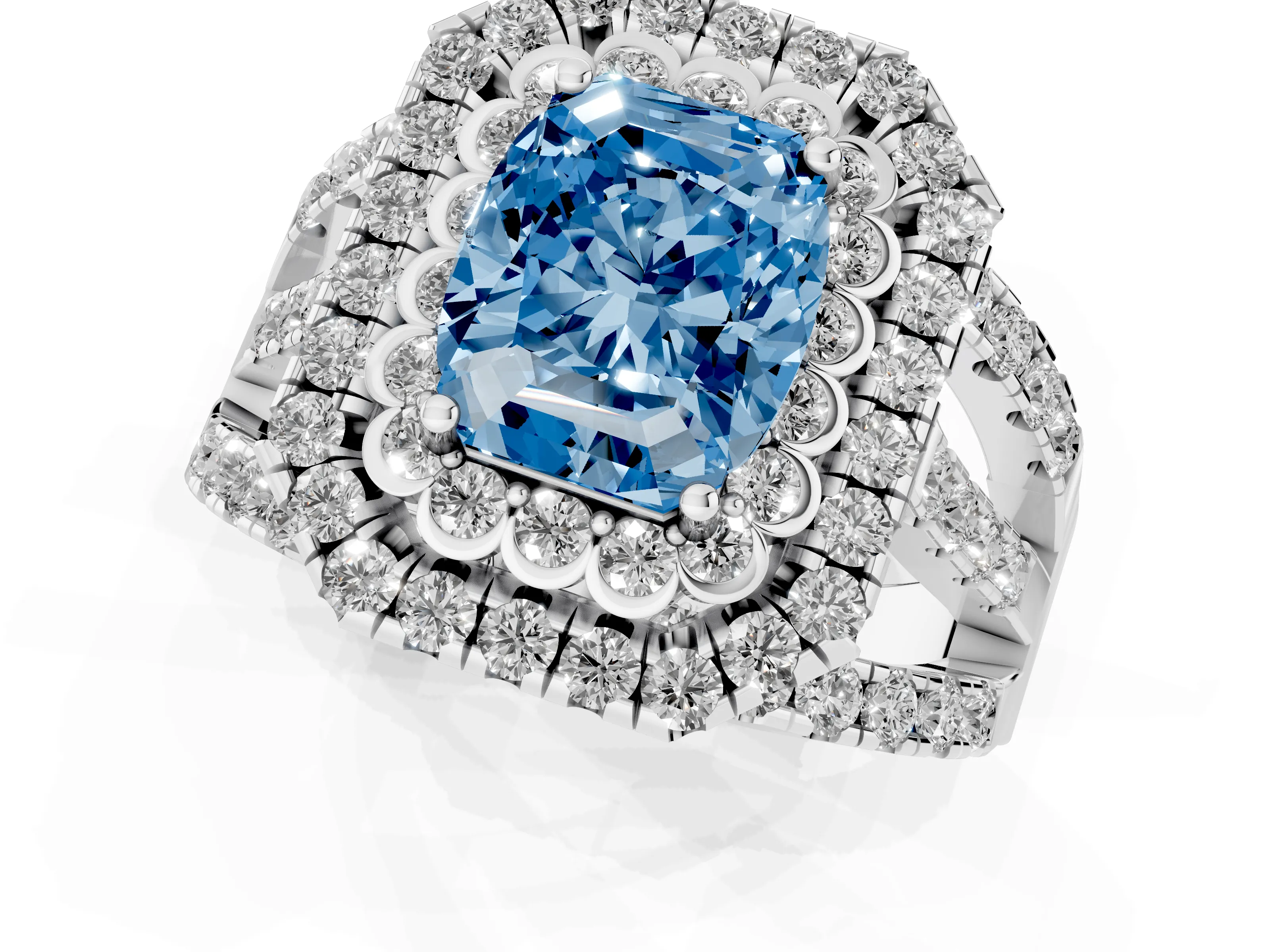 Fancy Blue Emerald Cut Diamond Double Halo Ring Set in Silver with Round Pavé Split Shank
