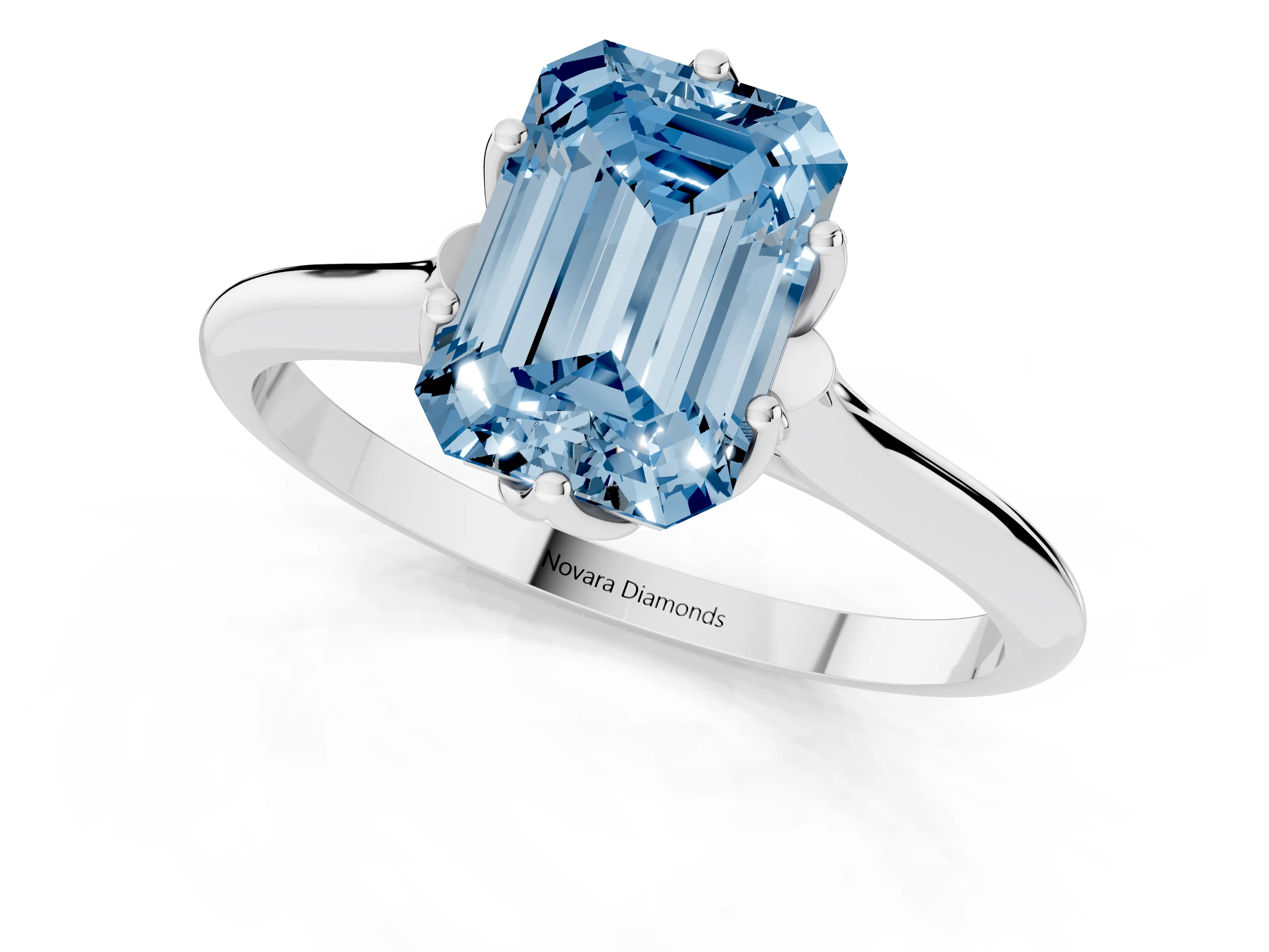 Fancy Blue Emerald Cut Diamond Solitaire Cathedral Ring Set in Platinum with Prong Setting