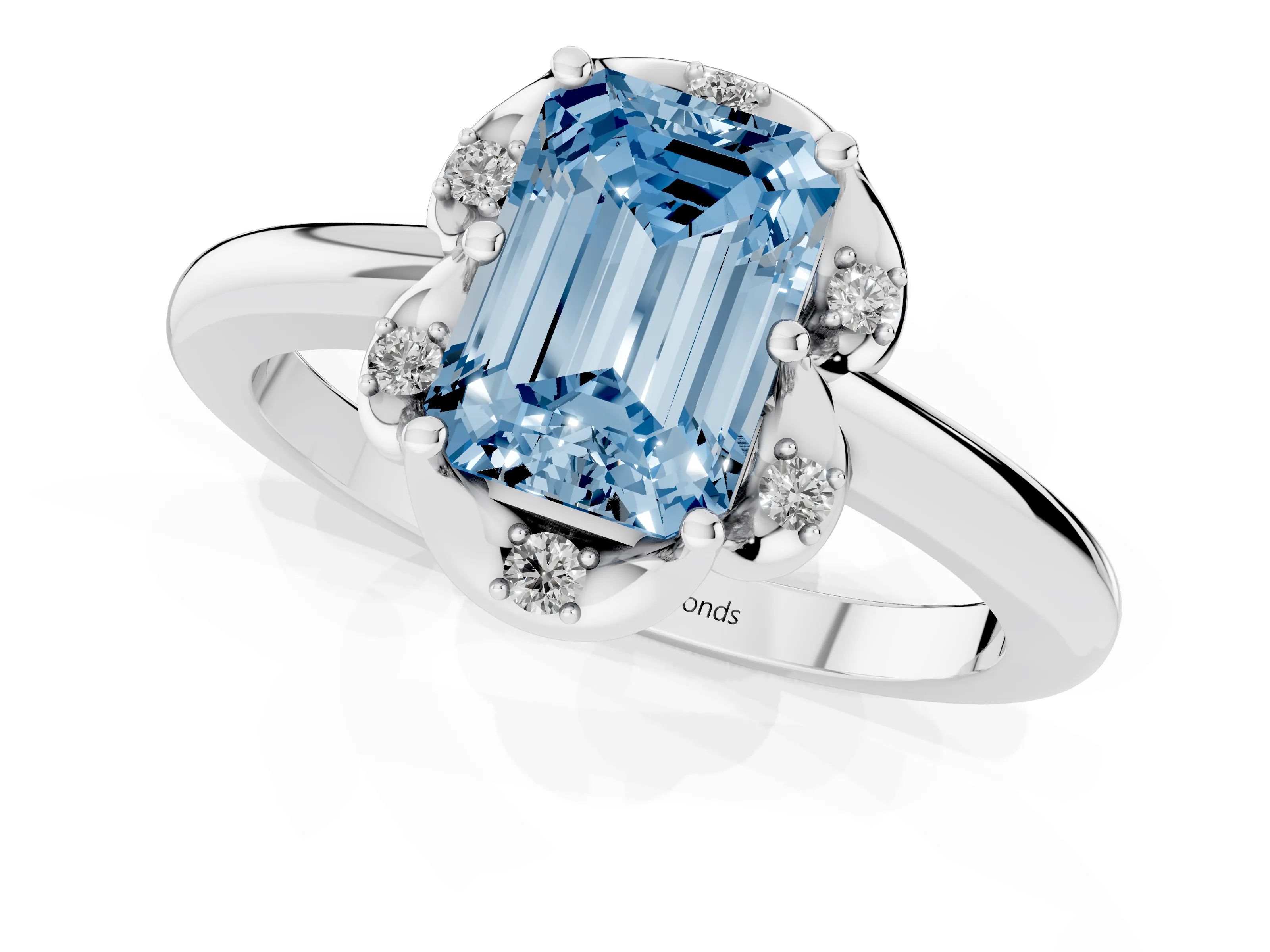 Fancy Blue Emerald Cut Diamond Round Cluster Halo Ring Set in Platinum with Solitaire Band and Prong Setting
