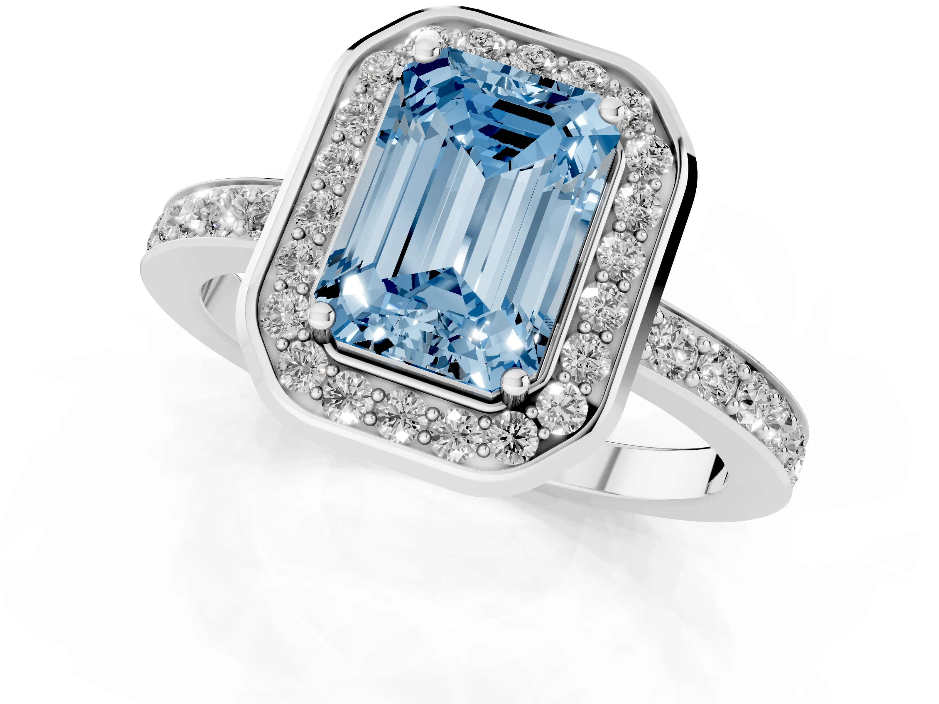 Fancy Blue Emerald Cut Diamond Halo Ring Set in White gold with Bezel Frame and Pavé Band