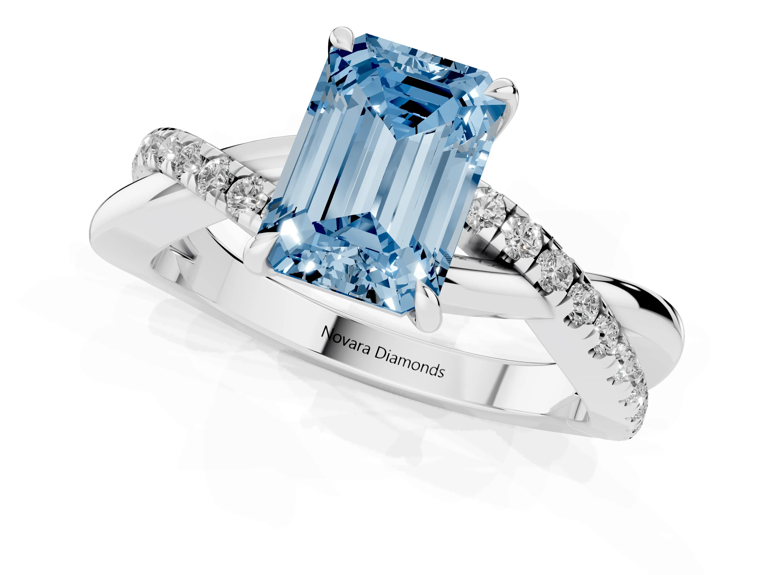 Fancy Blue Emerald Cut Diamond Twisted Pavé Band Ring Set in Silver with Prong Setting