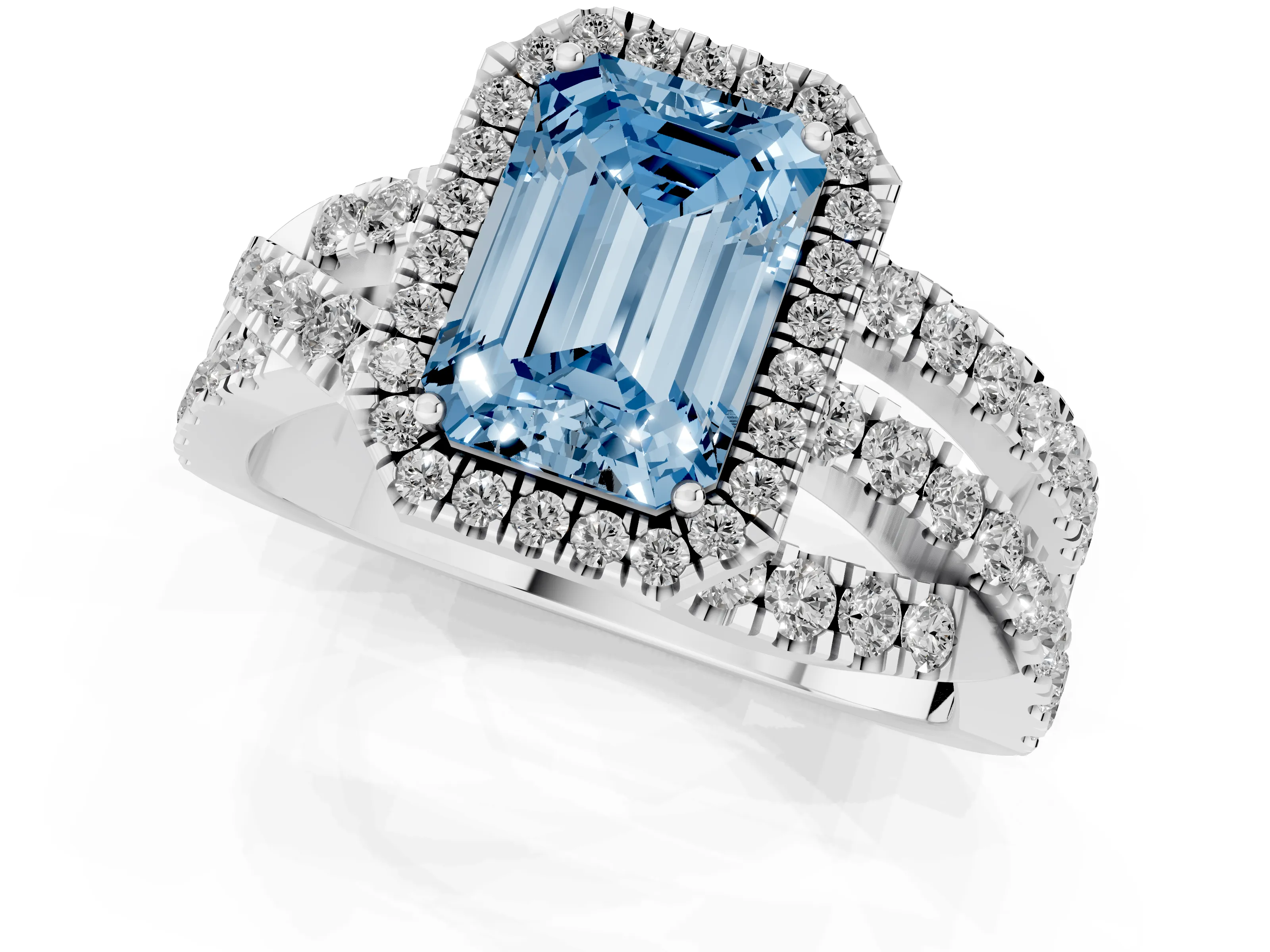 Fancy Blue Emerald Cut Diamond Halo Ring Set in Platinum with Round Crossover Split Shank and Prong Setting