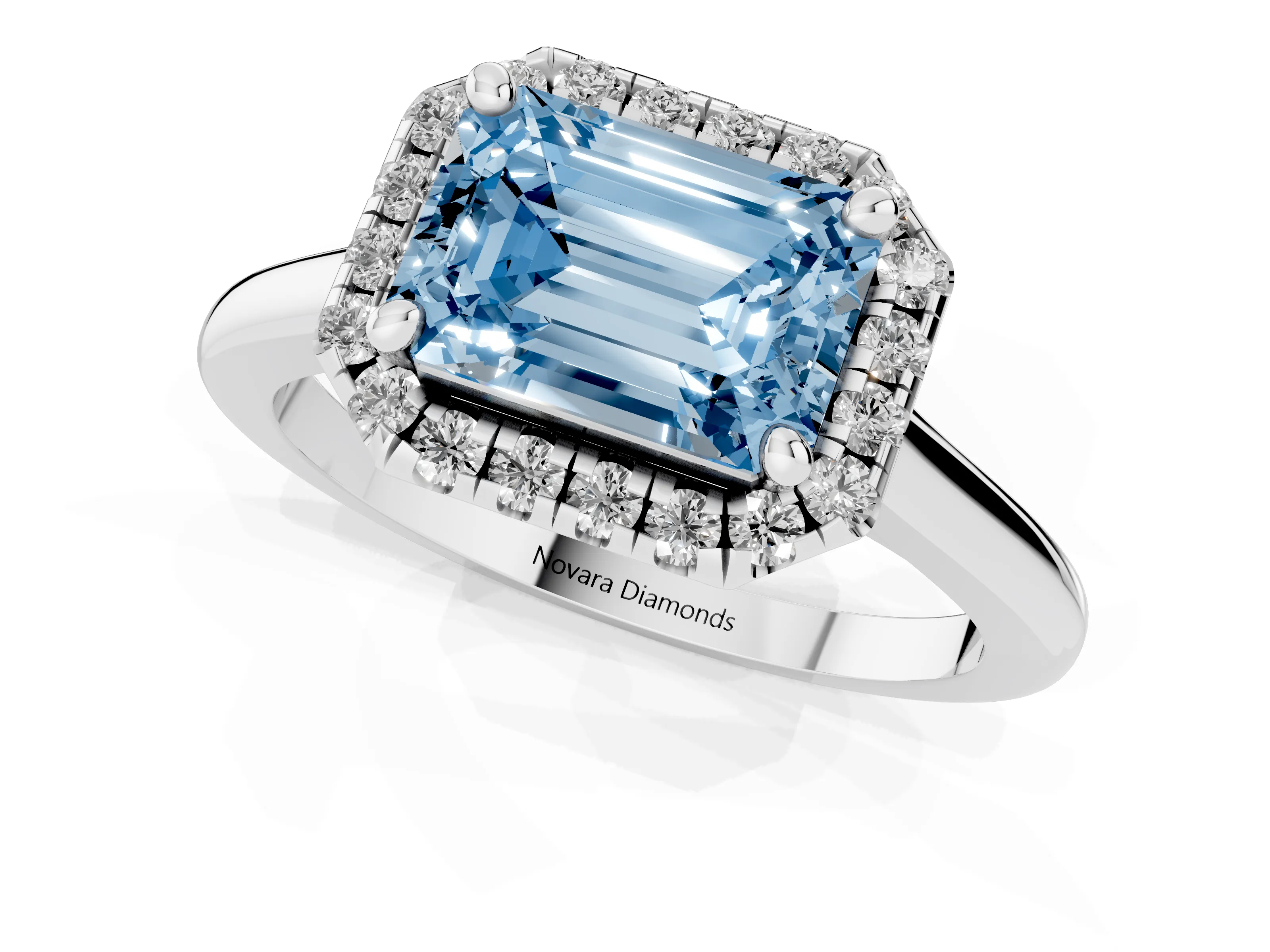 Fancy Blue Emerald Cut Diamond Halo Engagement Ring Set in Silver with Pavé Band and Rising Shoulders