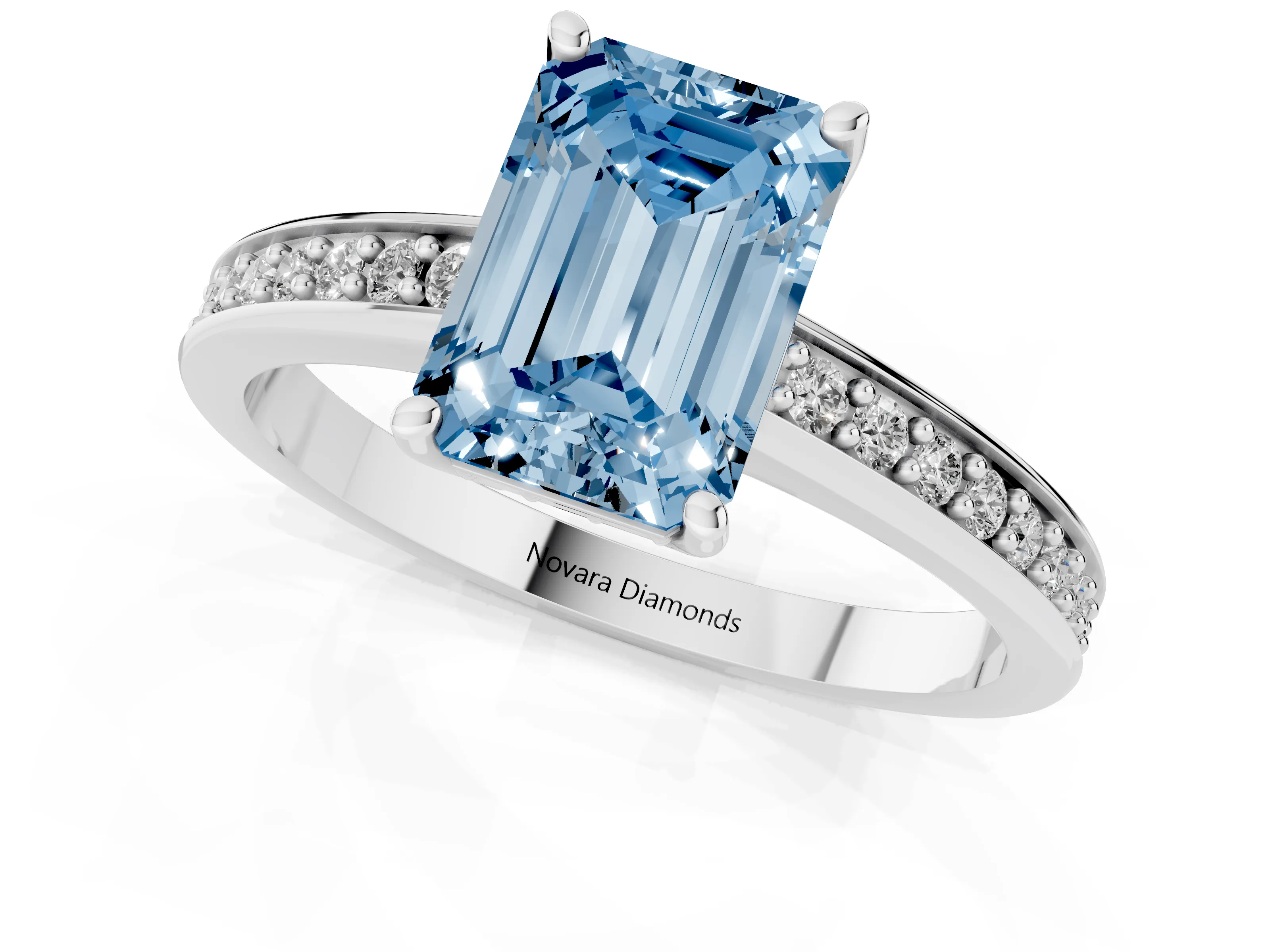 Fancy Blue Emerald Cut Diamond Pavé Band Prong Set Solitaire Ring Set in Platinum