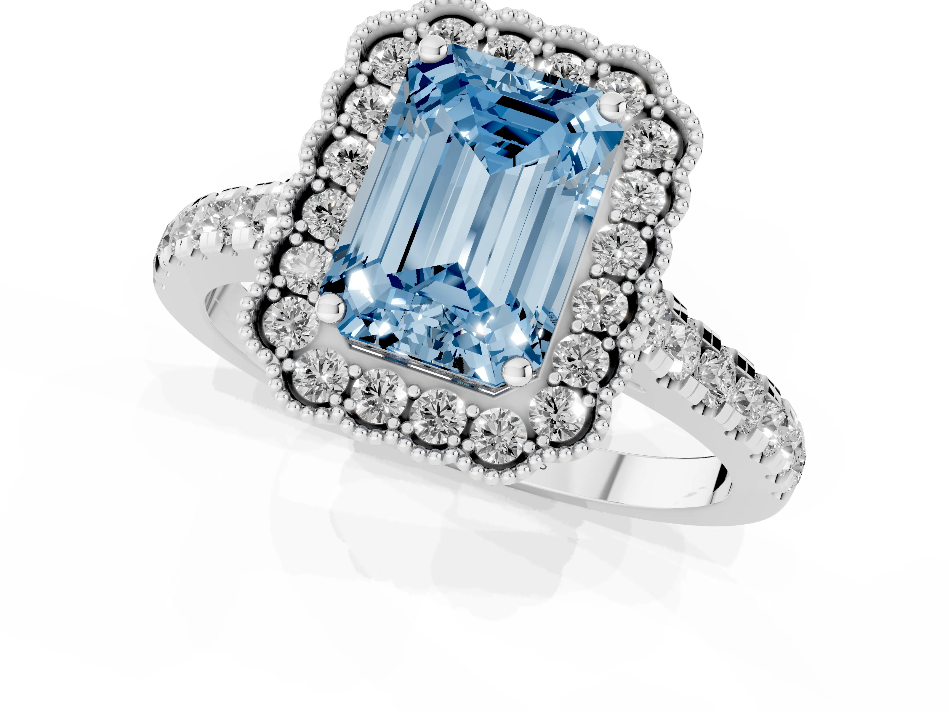 Fancy Blue Emerald Cut Diamond Milgrain Floral Halo Engagement Ring Set in White gold with Pavé Band
