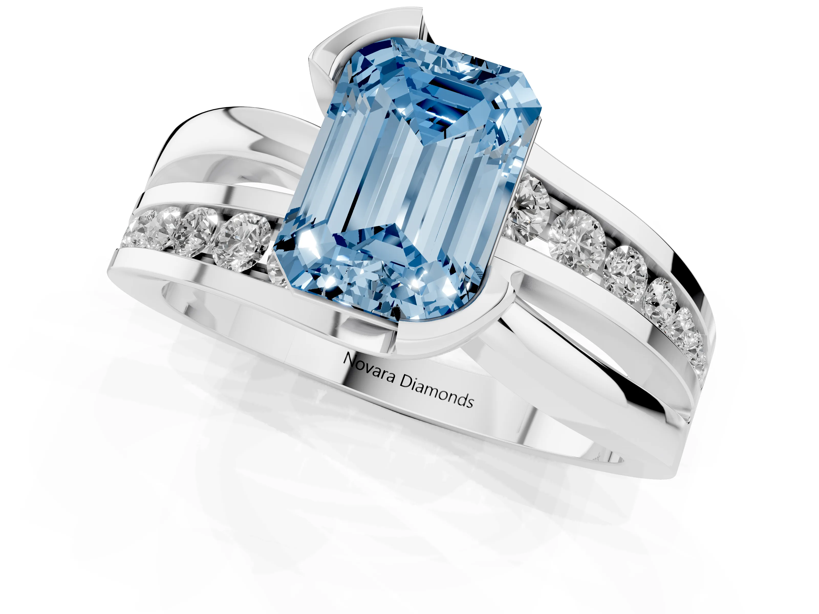 Fancy Blue Emerald Cut Diamond Solitaire Ring Set in White gold with Channel Set Split Shank and Tension Prongs