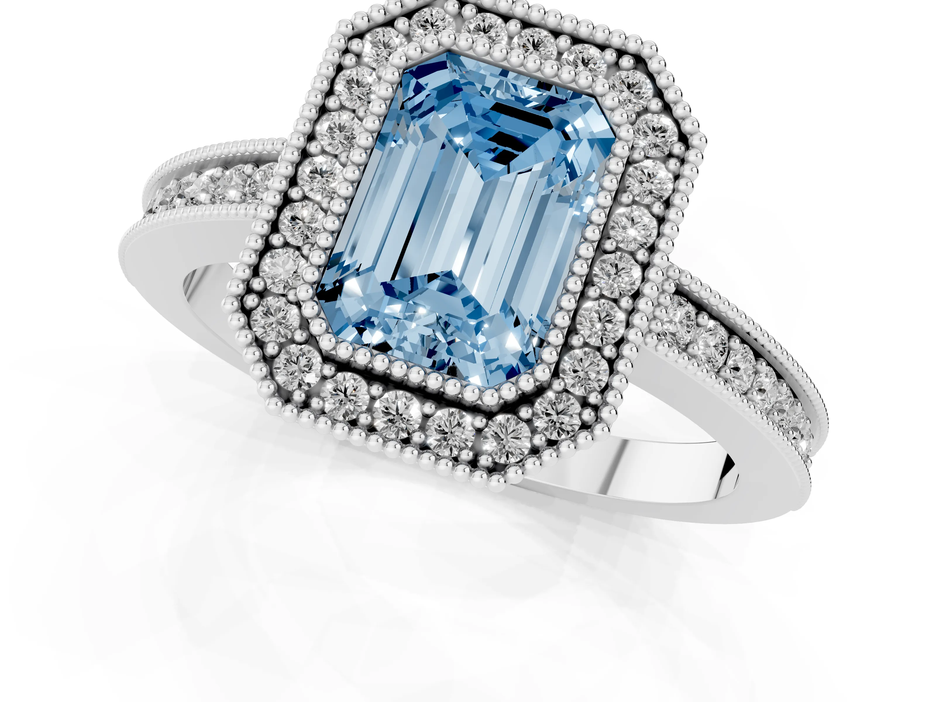 Fancy Blue Emerald Cut Diamond Round Halo Ring Set in Silver with Pavé Band