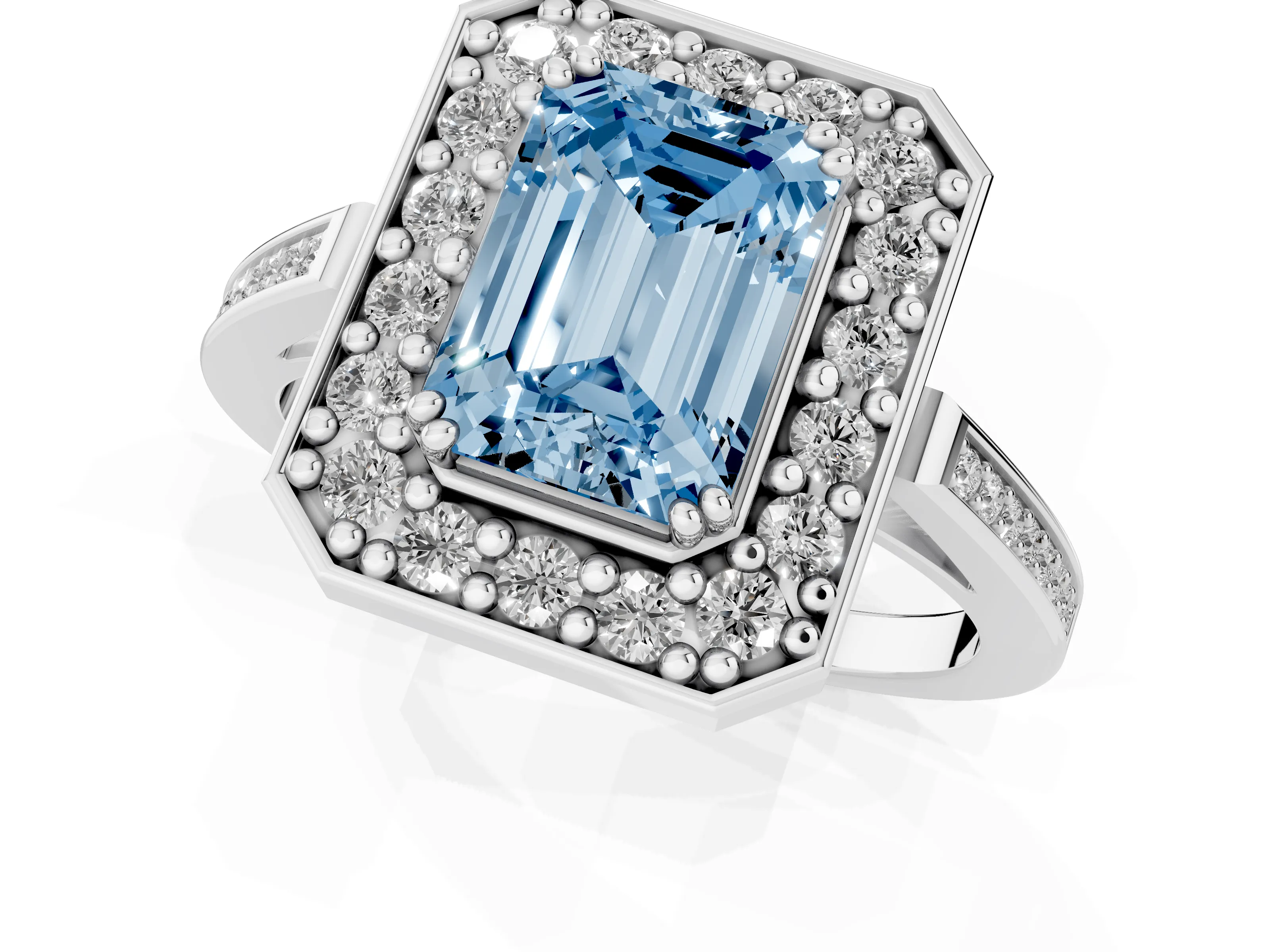 Fancy Blue Emerald Cut Diamond Halo Ring Set in Platinum with Accent-Lined Split Shank and Prong Setting