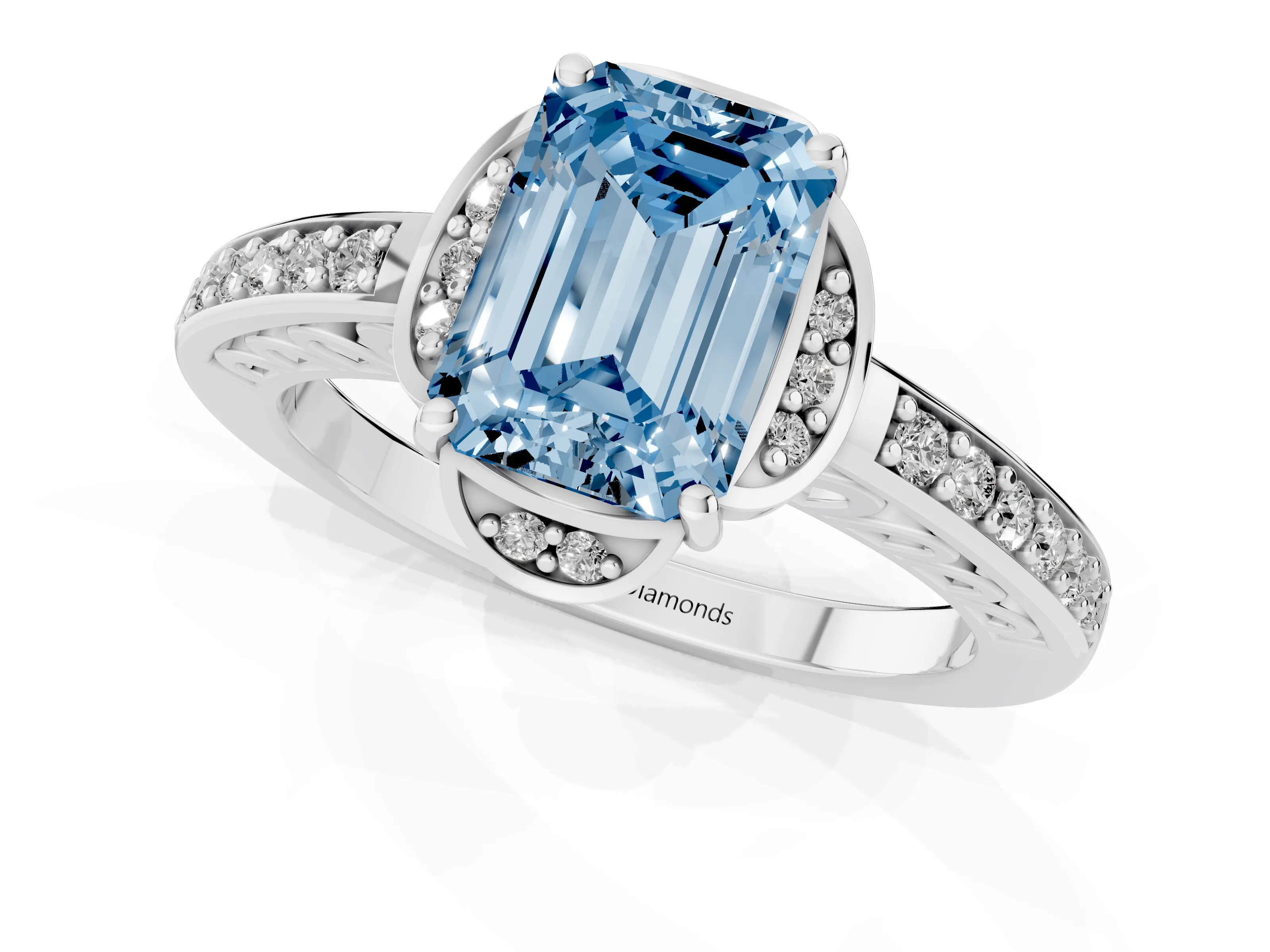 Fancy Blue Emerald Cut Diamond Halo Ring Set in Platinum with Channel Set Band and Prong Setting – second view