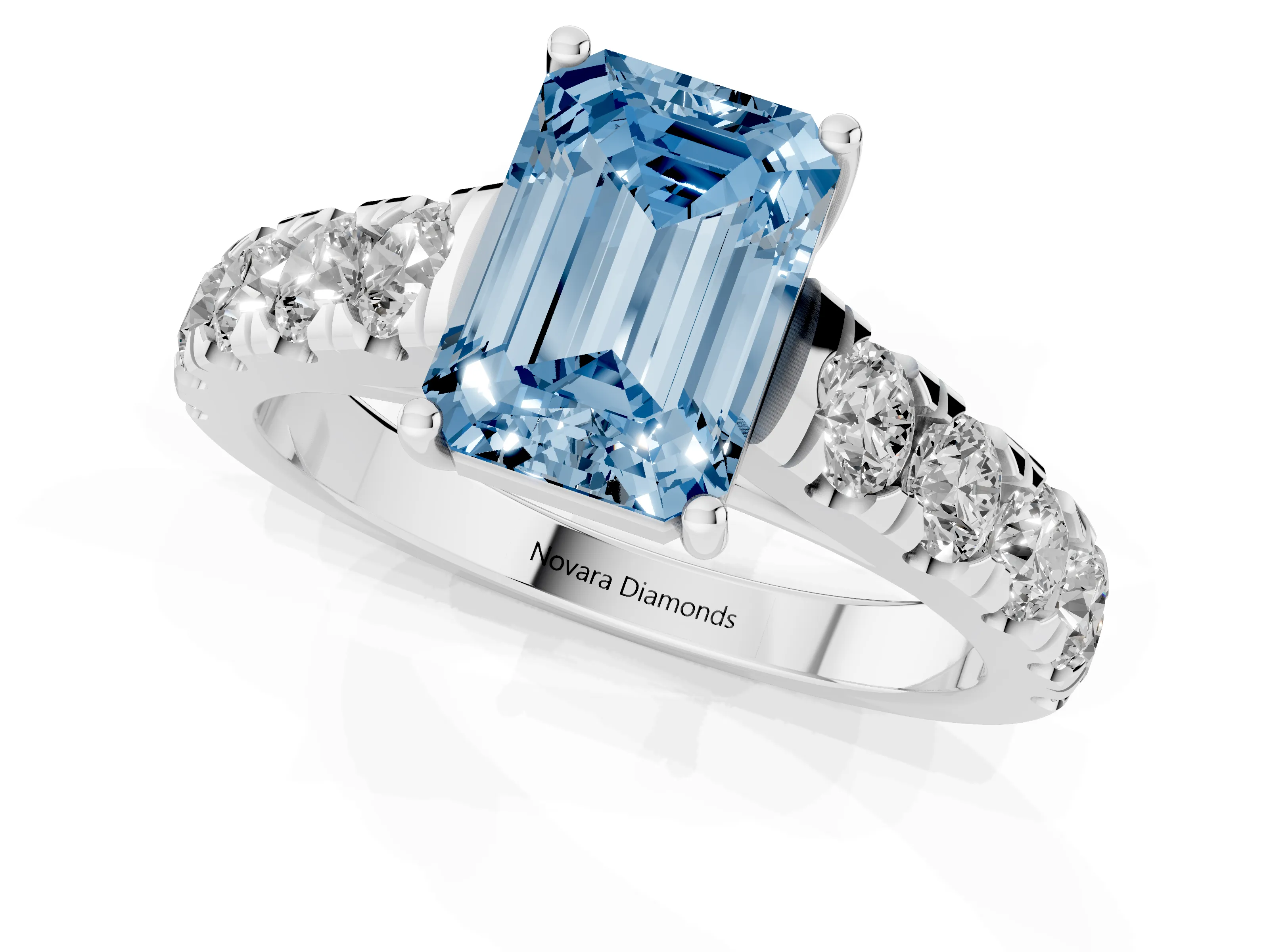 Fancy Blue Emerald Cut Diamond Solitaire Ring Set in Silver with Cut-Down Micro Pavé Band and Prong Setting