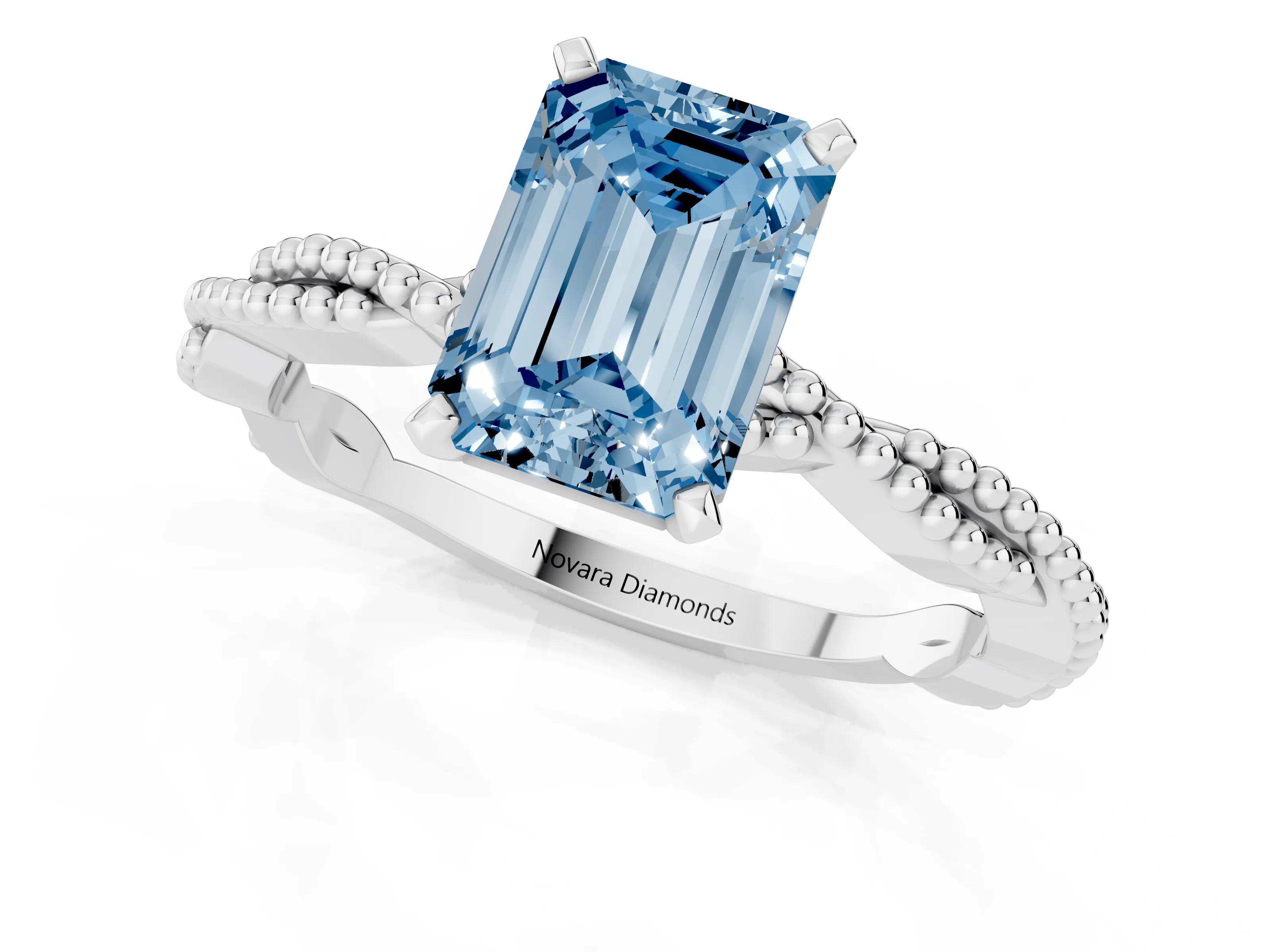 Fancy Blue Emerald Cut Diamond Solitaire Ring Set in White gold with Twisted Band and Bead Prong Setting
