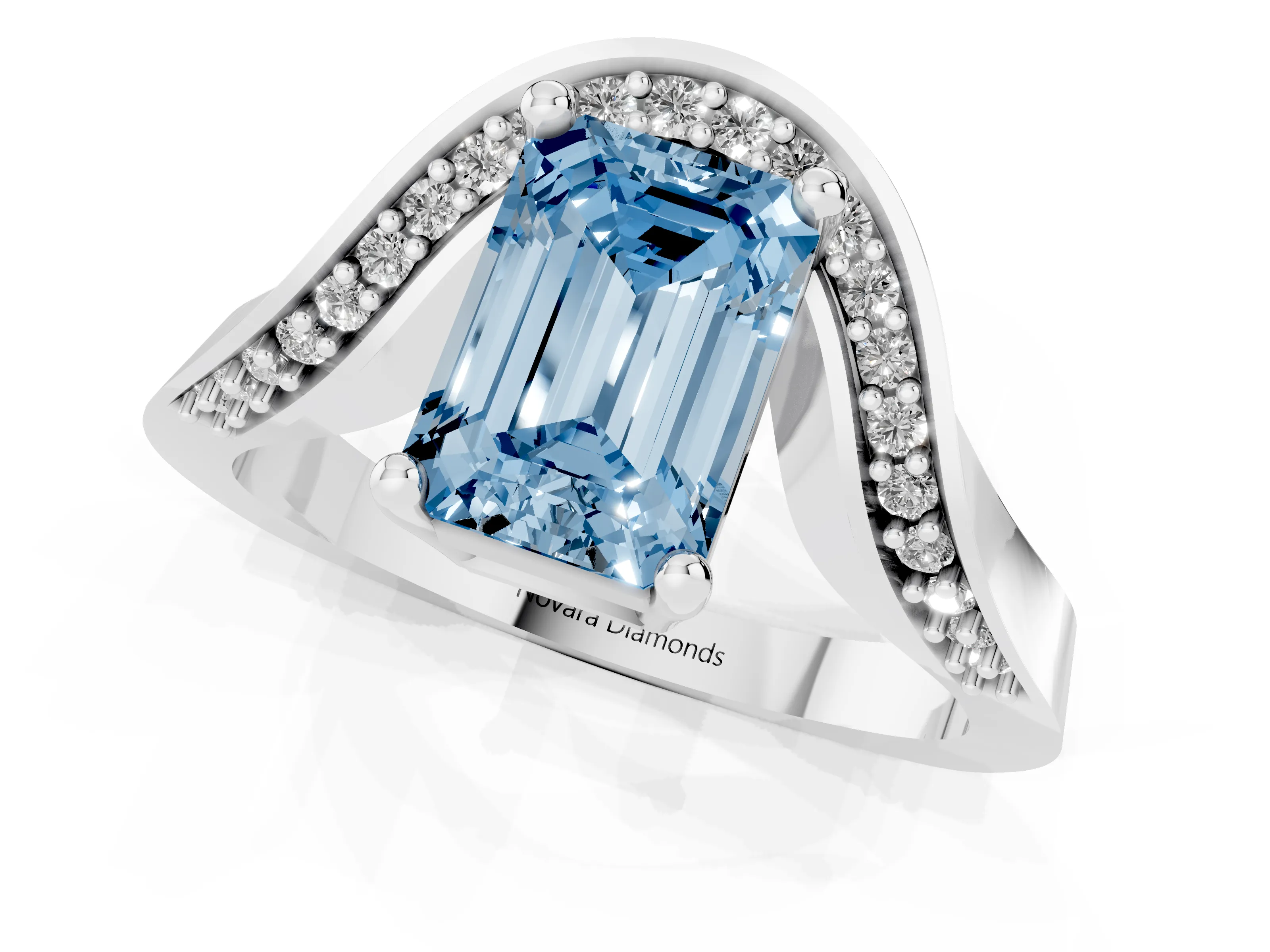 Fancy Blue Emerald Cut Diamond Solitaire Engagement Ring Set in Silver with Pavé Shoulders