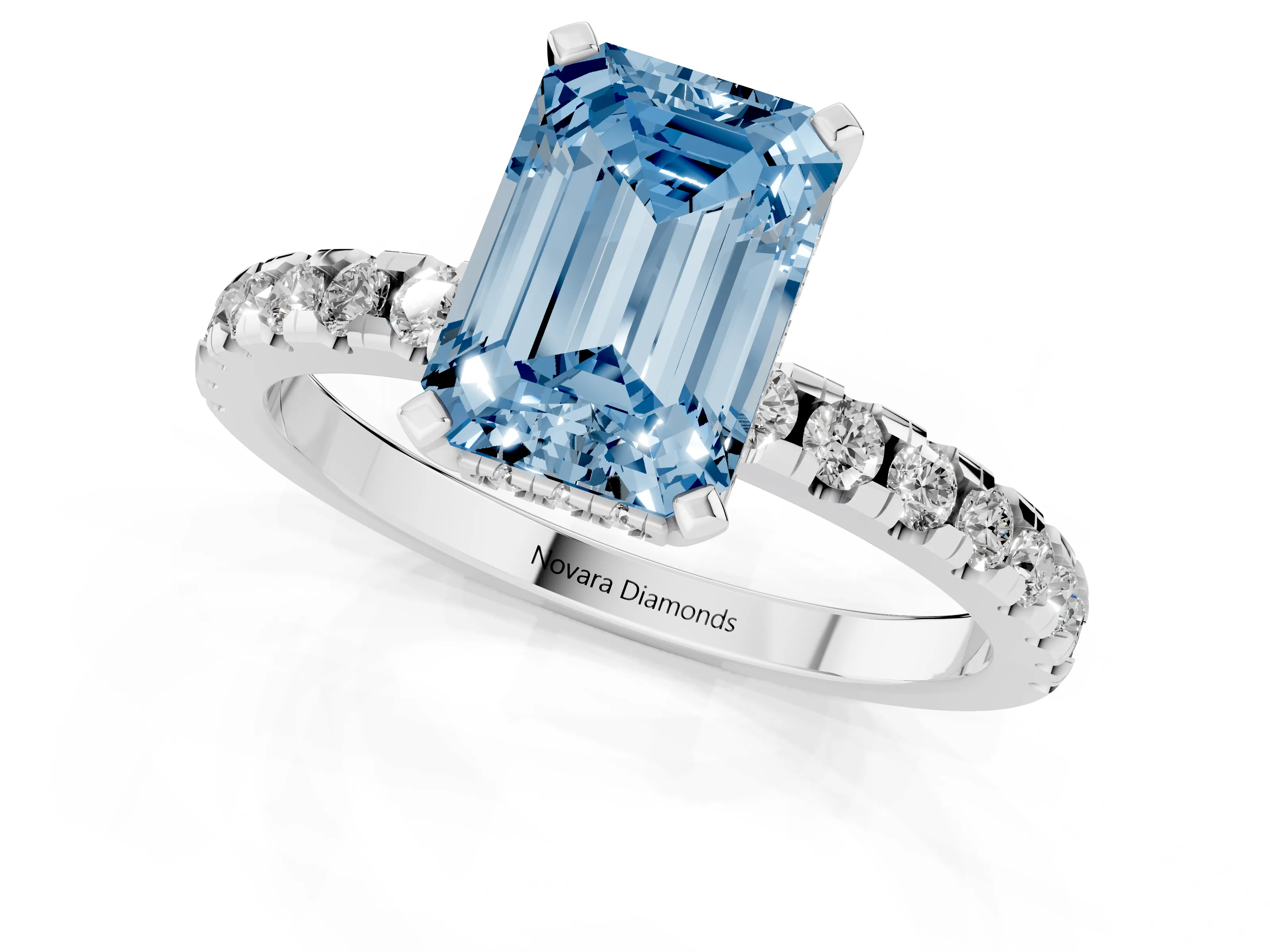 Fancy Blue Emerald Cut Diamond Pavé Solitaire Ring Set in Platinum with Round Band Accents and Prong Setting – second view