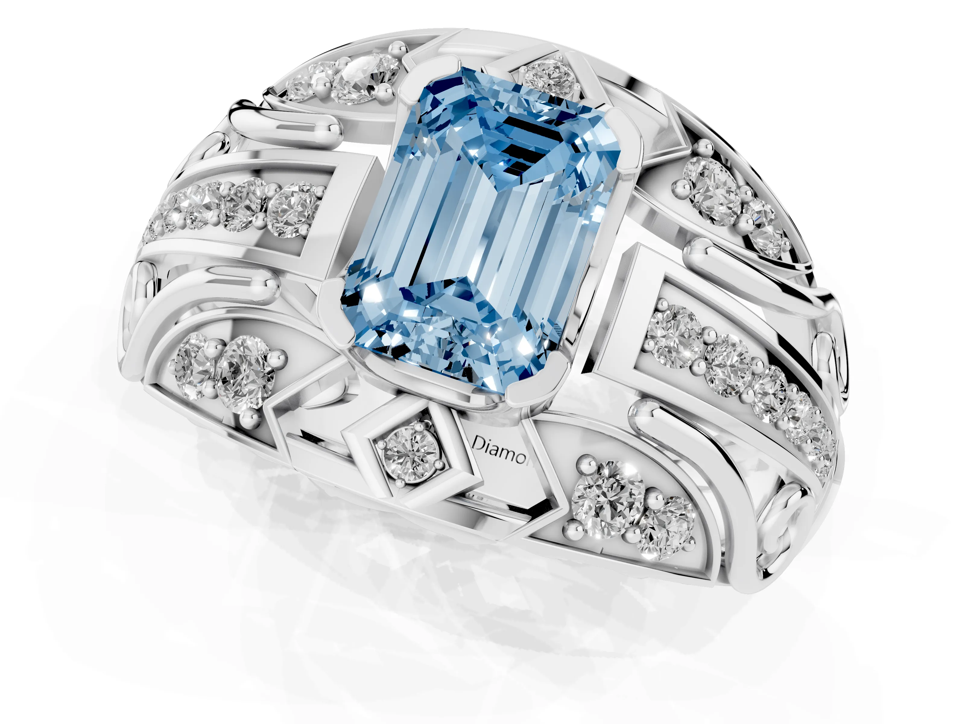 Fancy Blue Emerald Cut Diamond Art Deco Ring Set in Silver with Pavé Split Shank