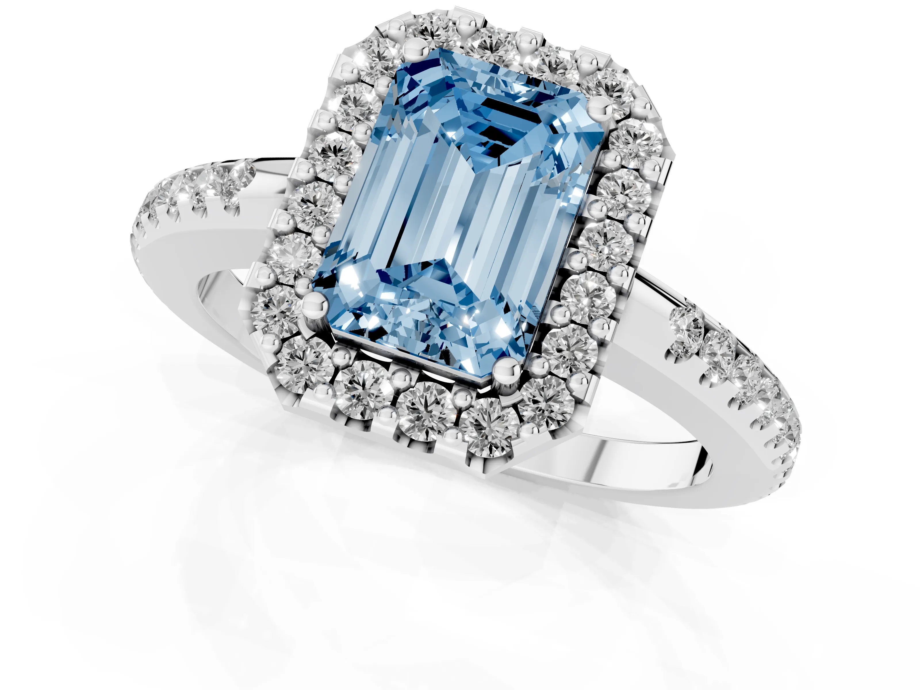 Fancy Blue Emerald Cut Diamond Pavé Halo Ring Set in Platinum with Prong Setting