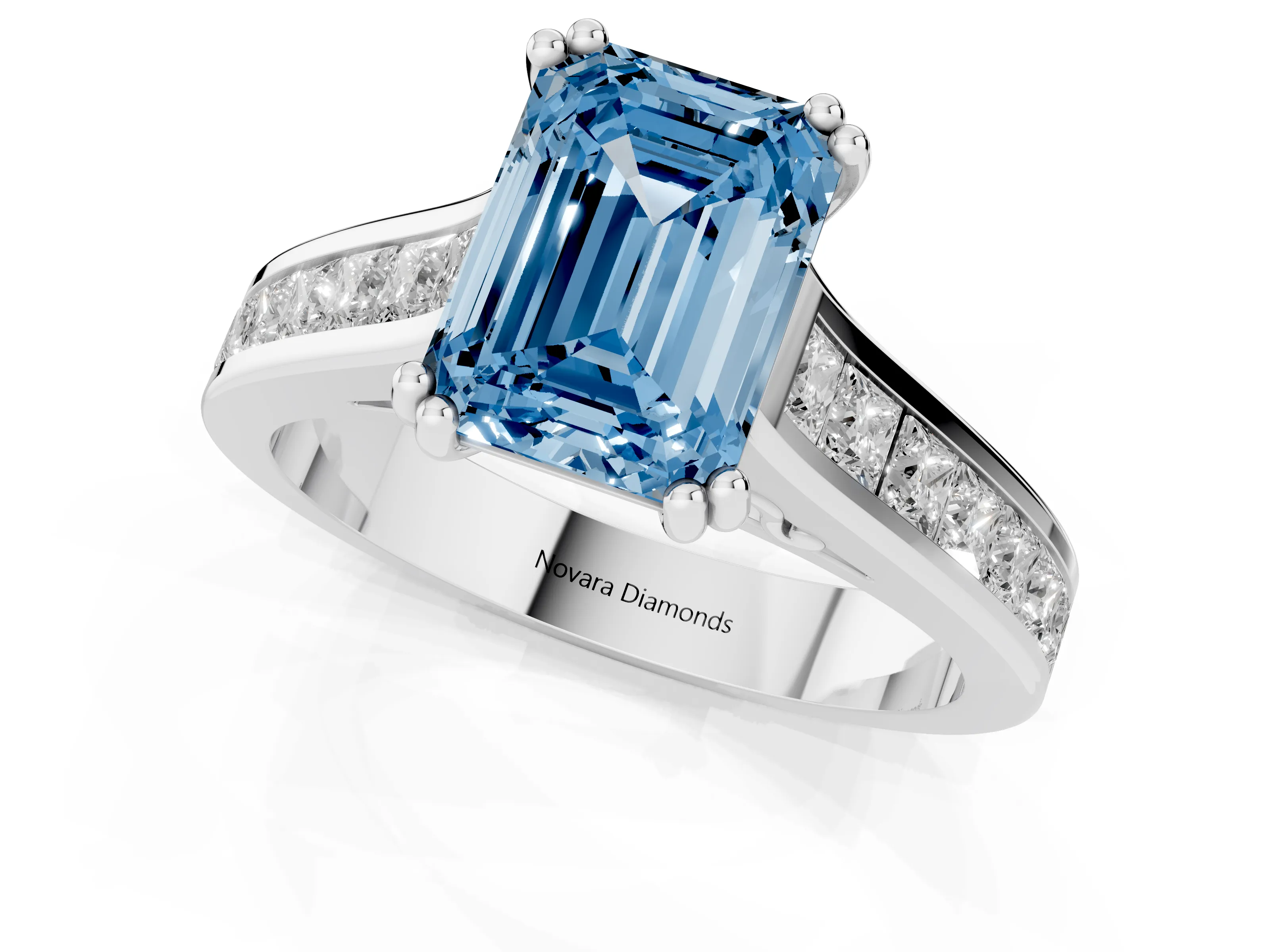 Fancy Blue Emerald Cut Diamond Channel Set Solitaire Engagement Ring Set in Platinum with Prong Setting