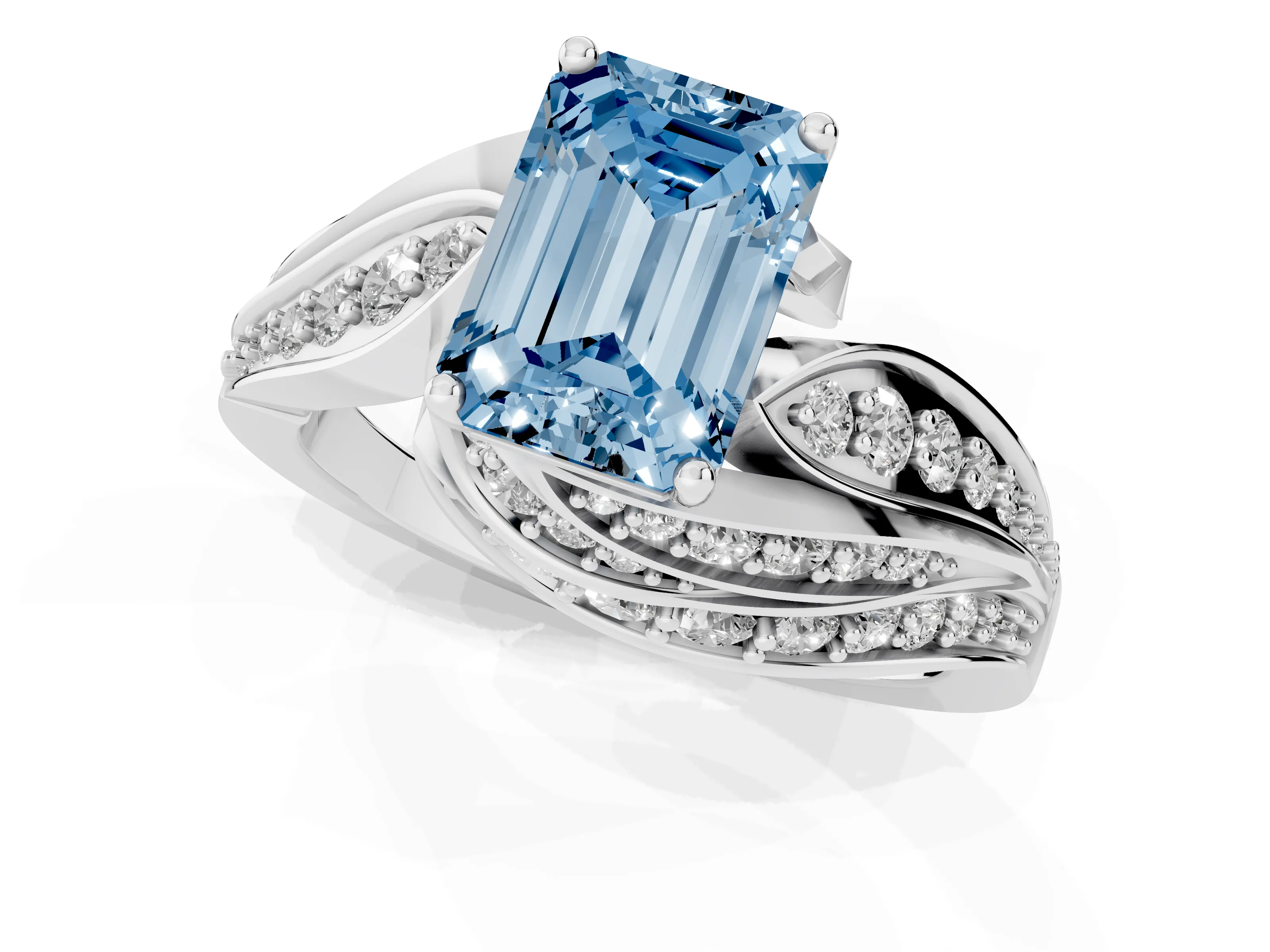 Fancy Blue Emerald Cut Diamond Solitaire Ring Set in Silver with Layered Twist Pavé Band